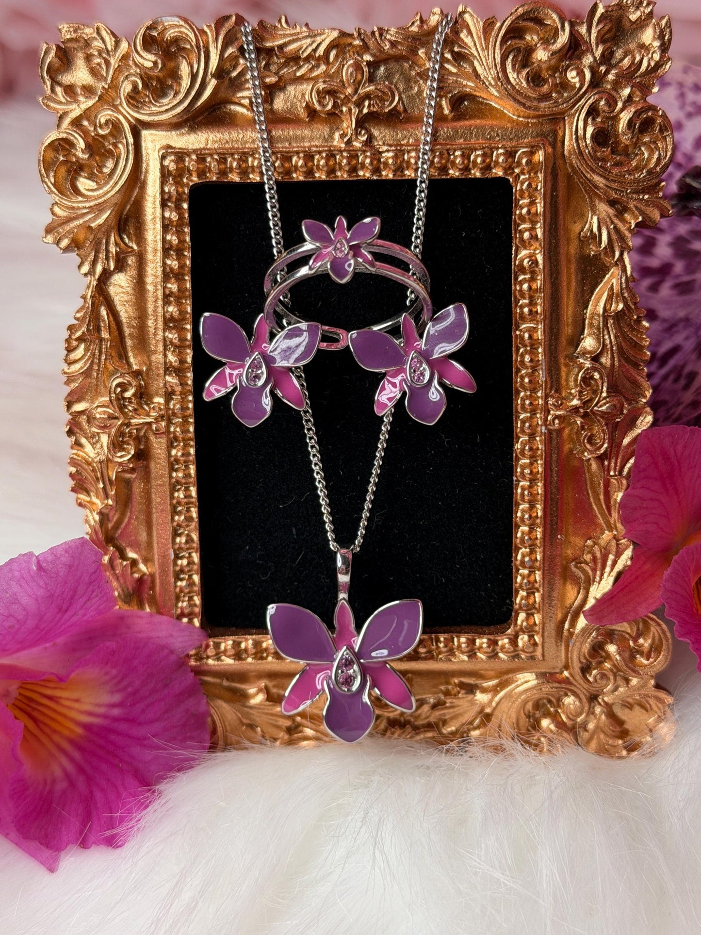 Dendrobium Orchid Jewelry Set • Purple & Pink Enamel Earrings and Ring • Floral Gift for Her