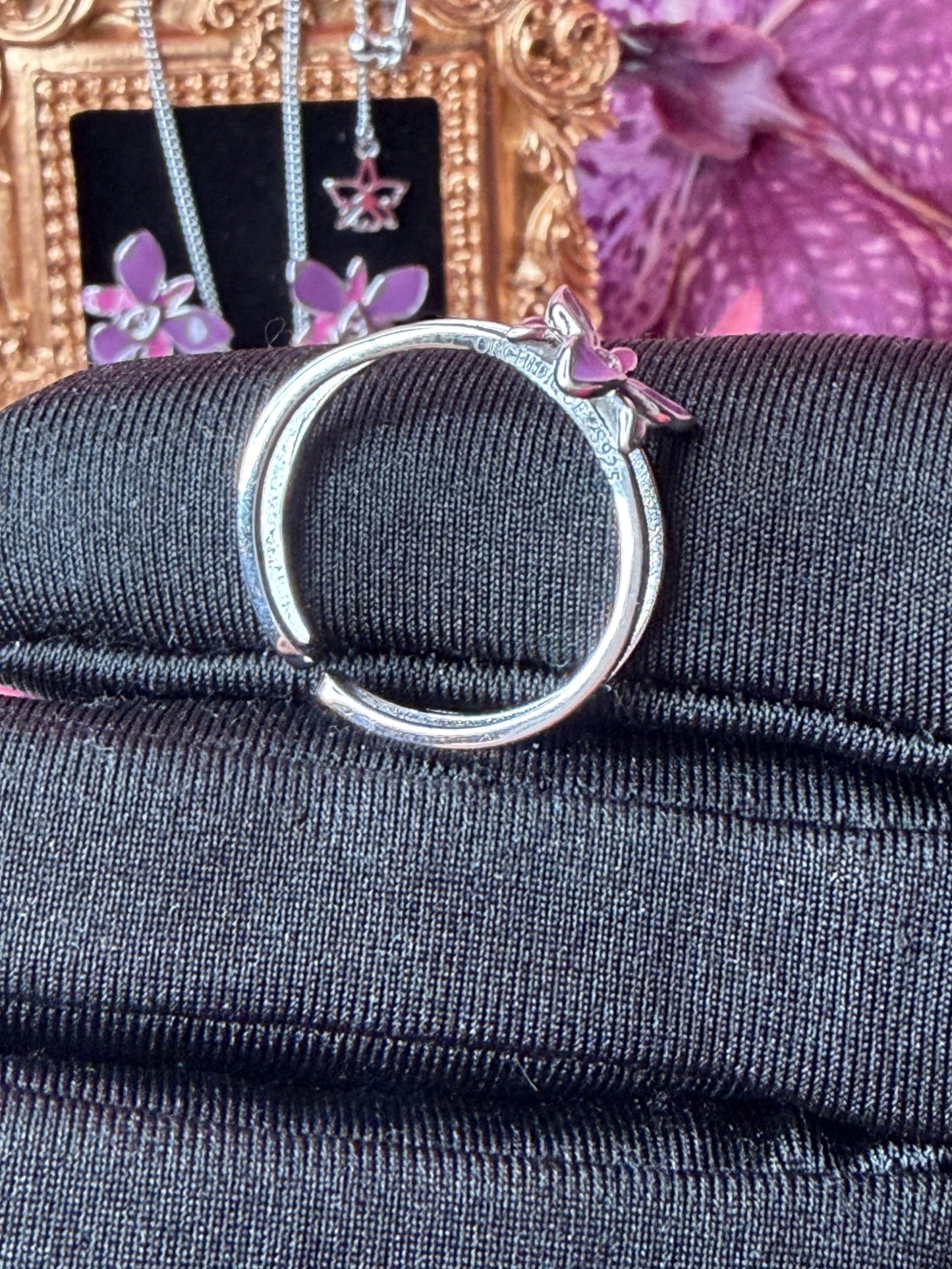 Dendrobium Orchid Jewelry Set • Purple & Pink Enamel Earrings and Ring • Floral Gift for Her