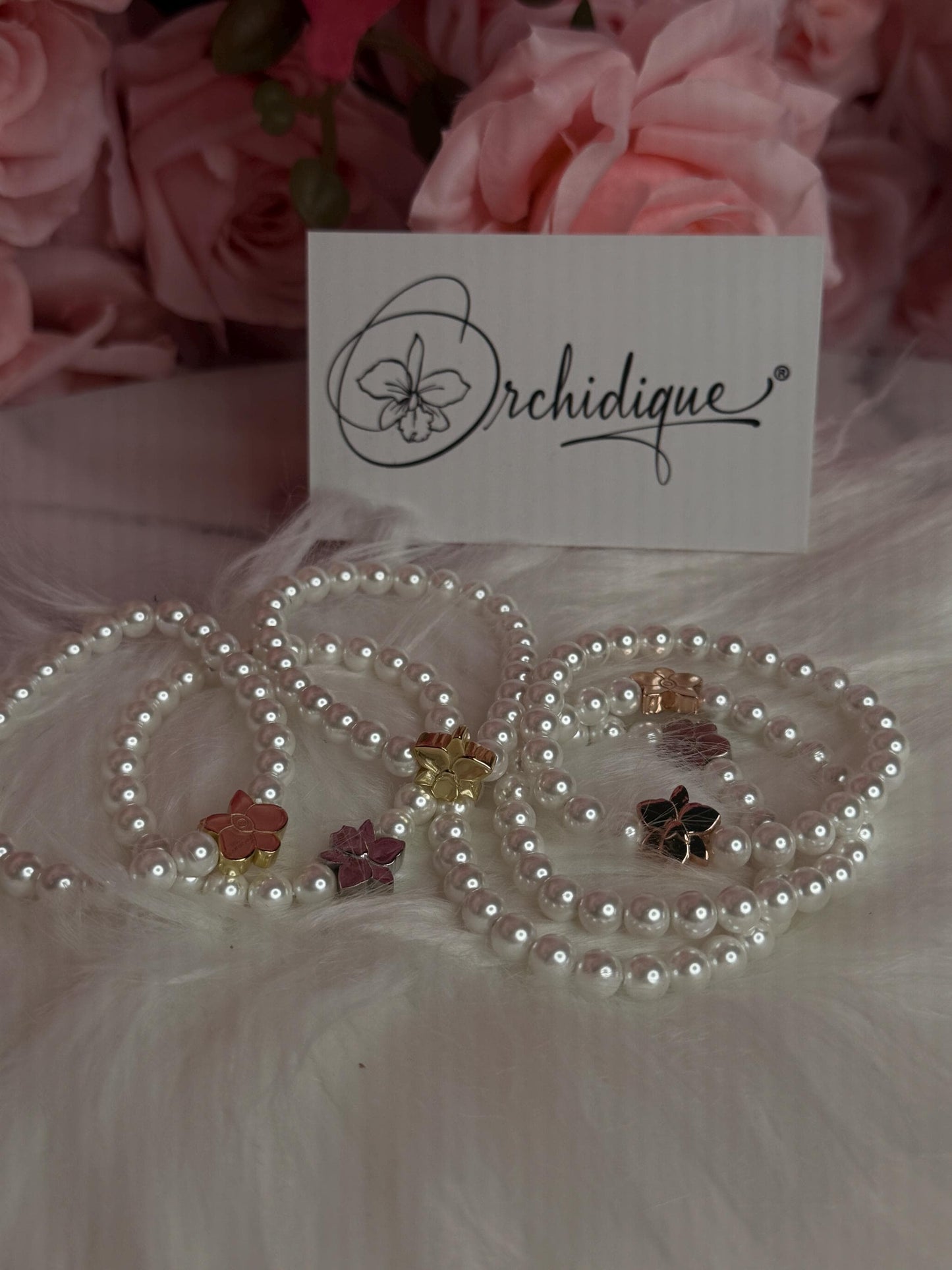 Cattleya Orchid Pearl Bracelet • Real Orchid Inspired Jewelry • Gold Plated Stretch Bracelet • Botanical Floral Jewelry Gift for Her