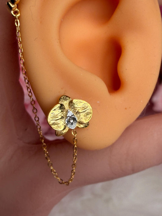 Phalaenopsis Orchid Gold Chain Cuff Earring • Real Orchid Labellum Helix Cartilage Chain Piercing • Gold & Silver Botanical Hoop Earring