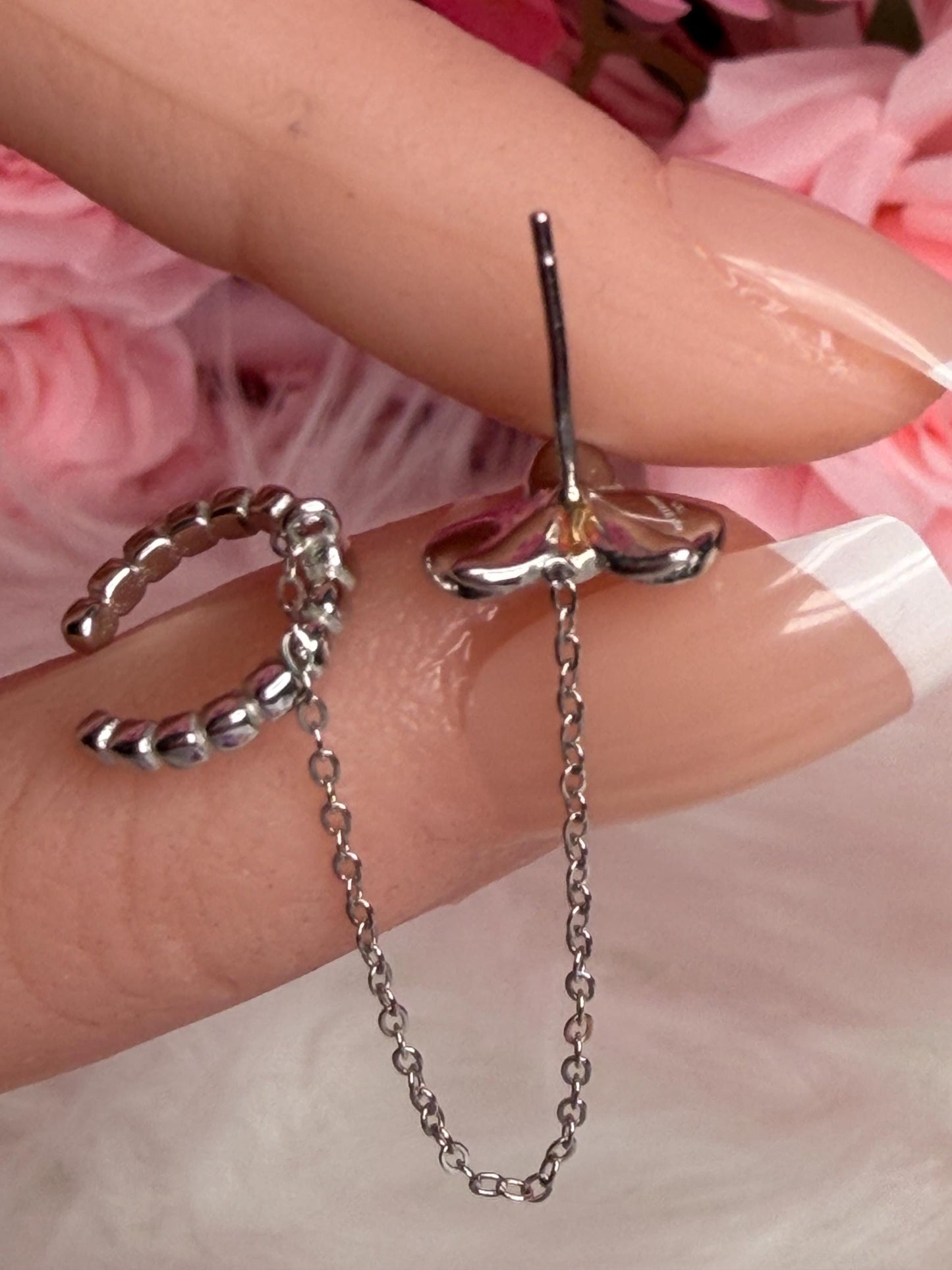 Phalaenopsis Orchid Silver Chain Cuff Earring • Real Orchid Labellum Helix Cartilage Chain Piercing • Gold & Silver Botanical Hoop Earring