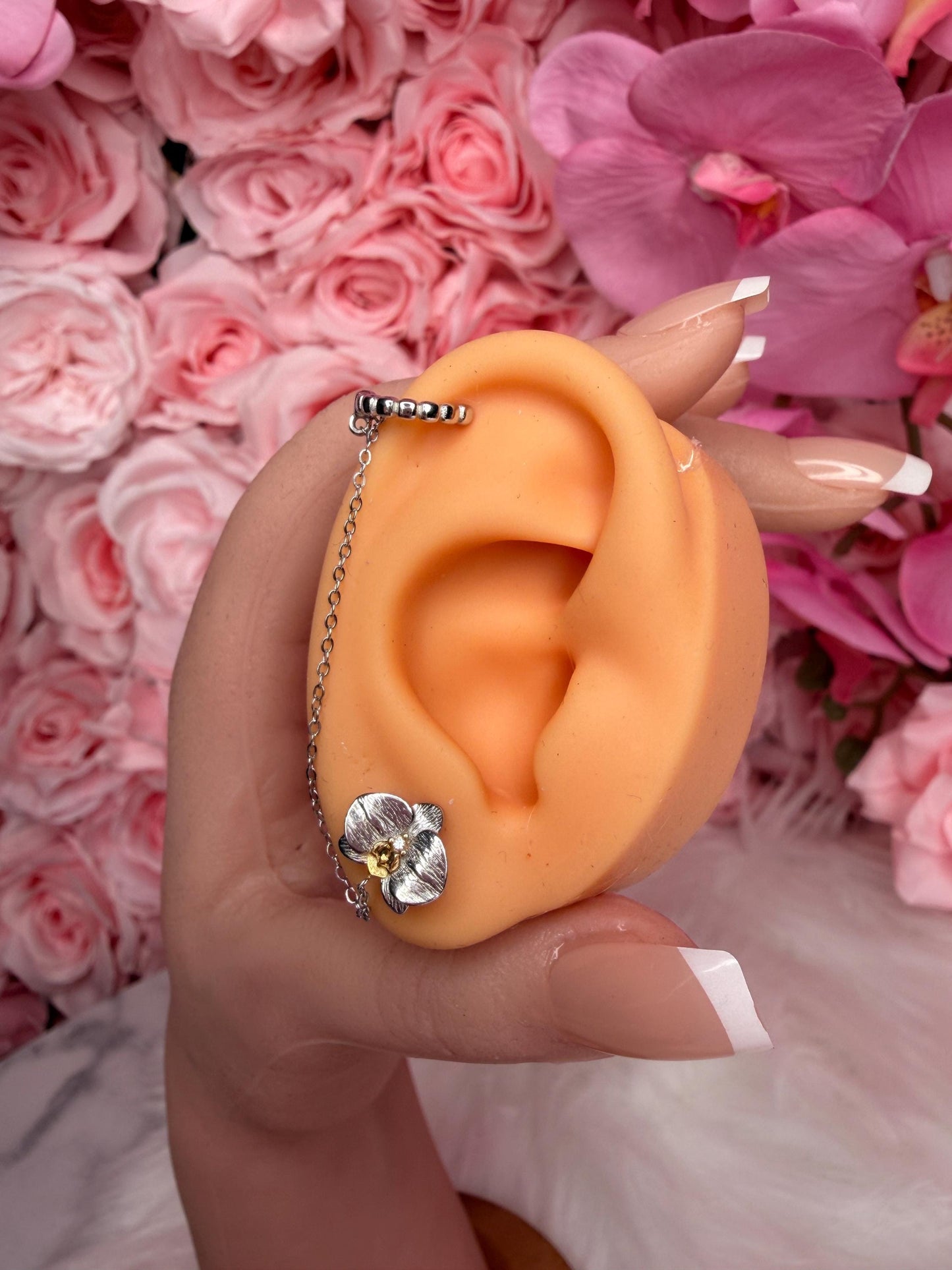 Phalaenopsis Orchid Silver Chain Cuff Earring • Real Orchid Labellum Helix Cartilage Chain Piercing • Gold & Silver Botanical Hoop Earring