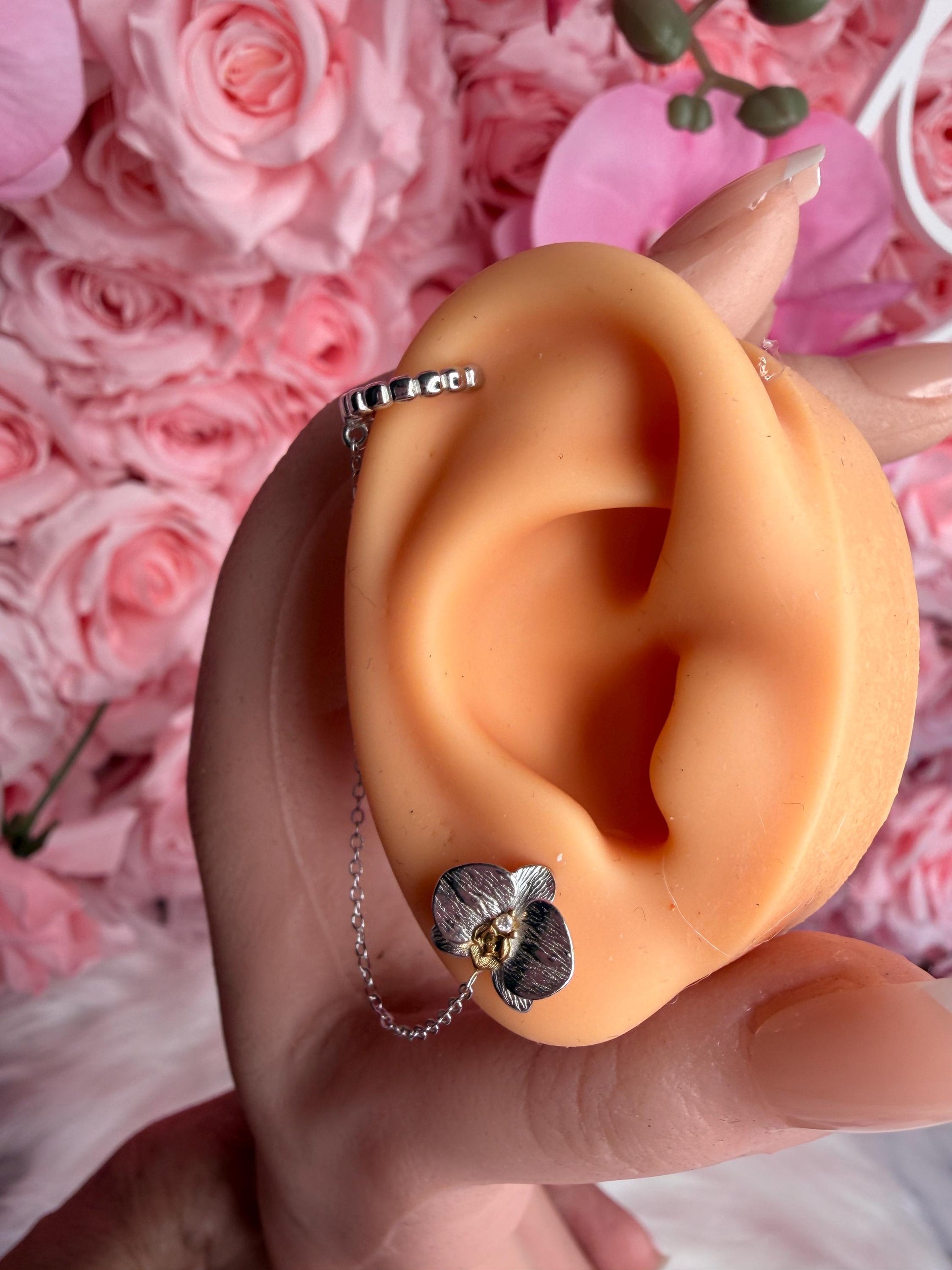 Phalaenopsis Orchid Silver Chain Cuff Earring • Real Orchid Labellum Helix Cartilage Chain Piercing • Gold & Silver Botanical Hoop Earring