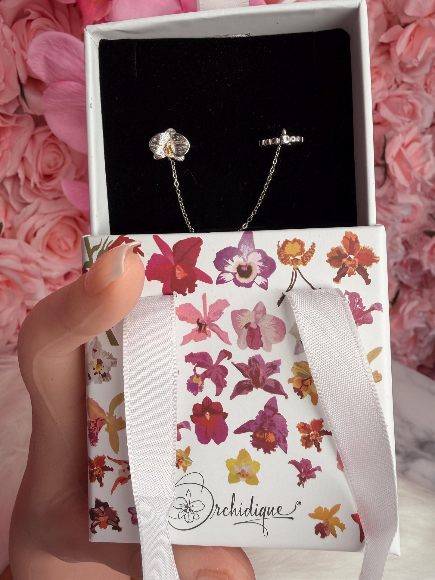 Phalaenopsis Orchid Silver Chain Cuff Earring • Real Orchid Labellum Helix Cartilage Chain Piercing • Gold & Silver Botanical Hoop Earring