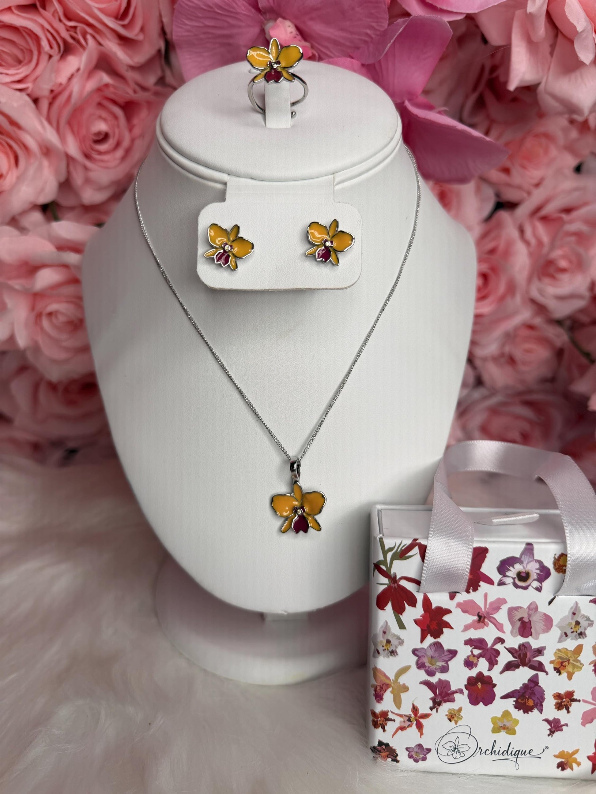 Sophrolaeliocattleya Yellow Orchid Jewelry • Convertible Choker Necklace, Studs, & Adjustable Ring • Mix and Match Set
