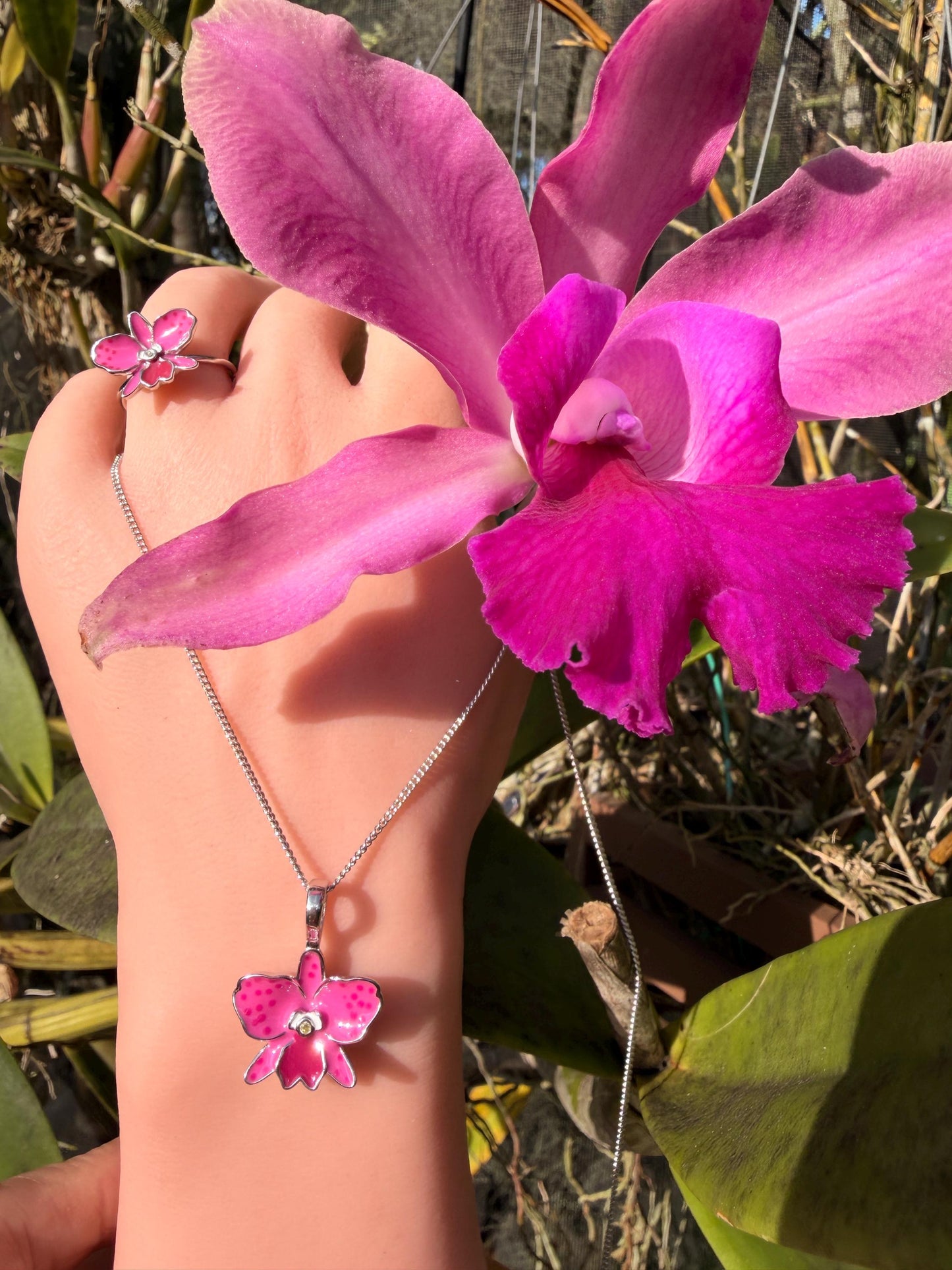 Sophrolaeliocattleya Pink Orchid Jewelry • Convertible Choker Necklace, Studs, & Adjustable Ring • Mix and Match Set
