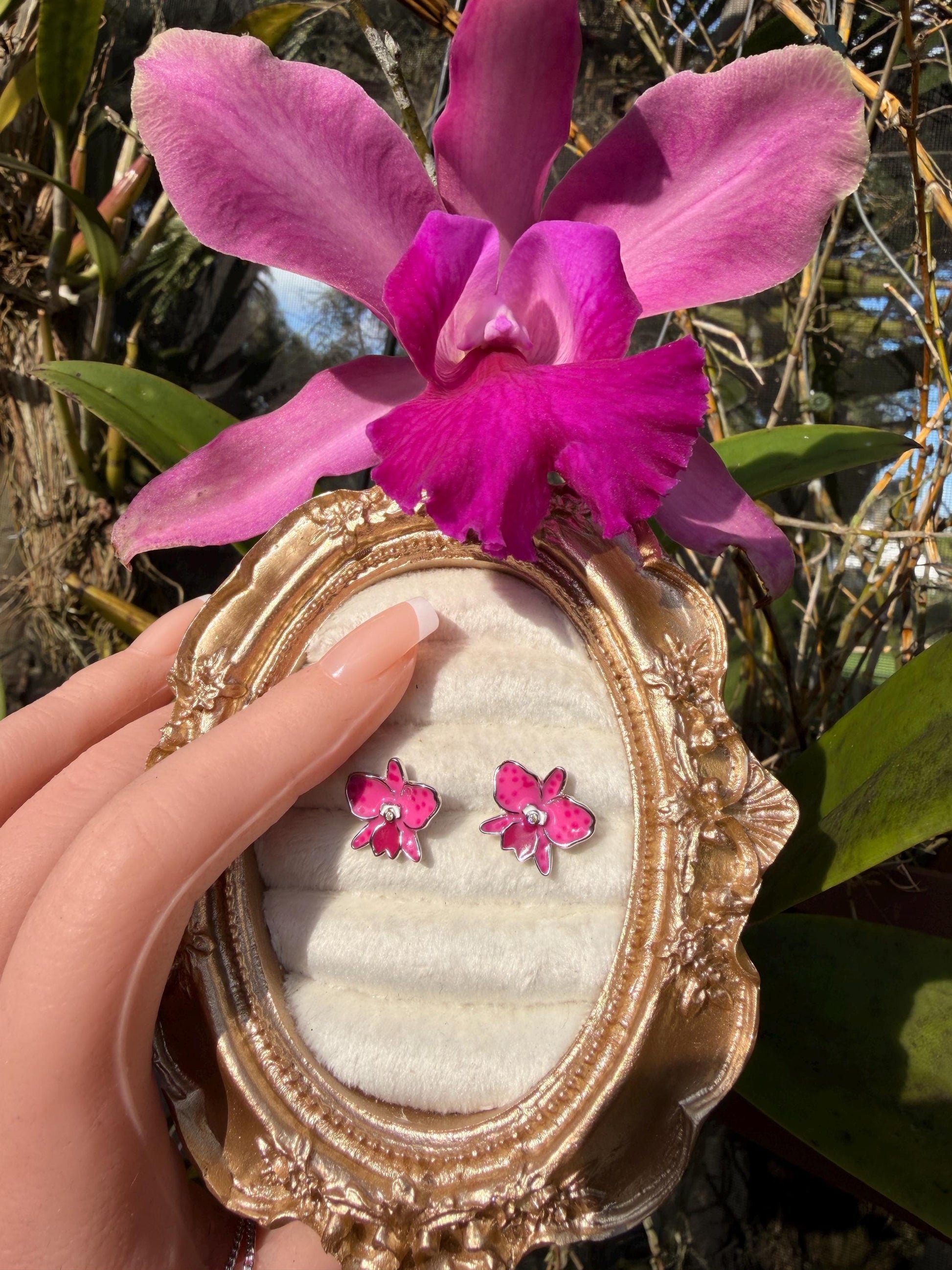 Sophrolaeliocattleya Pink Orchid Jewelry • Convertible Choker Necklace, Studs, & Adjustable Ring • Mix and Match Set