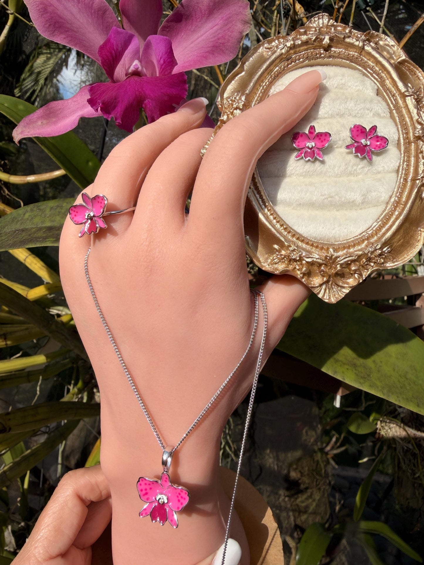 Sophrolaeliocattleya Pink Orchid Jewelry • Convertible Choker Necklace, Studs, & Adjustable Ring • Mix and Match Set