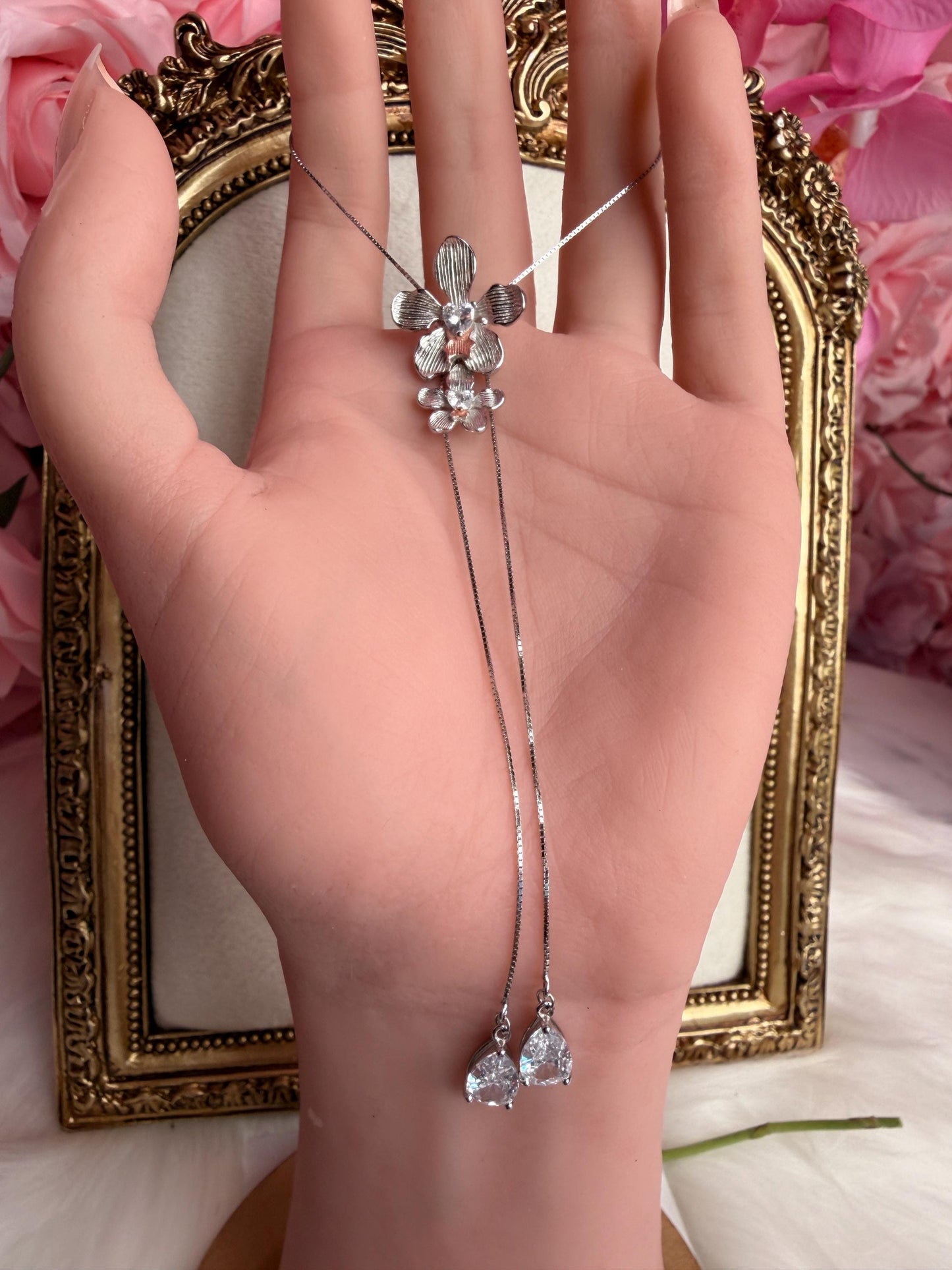 Vanda Loke 14k White Gold Plated Vanda Orchid Lariat Necklace, Heart Crystal Double Flower Choker, Statement Jewelry, Orchid Pendant