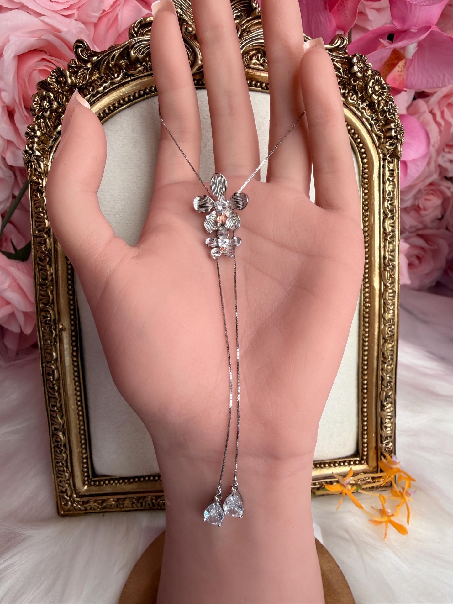 Vanda Loke 14k White Gold Plated Vanda Orchid Lariat Necklace, Heart Crystal Double Flower Choker, Statement Jewelry, Orchid Pendant
