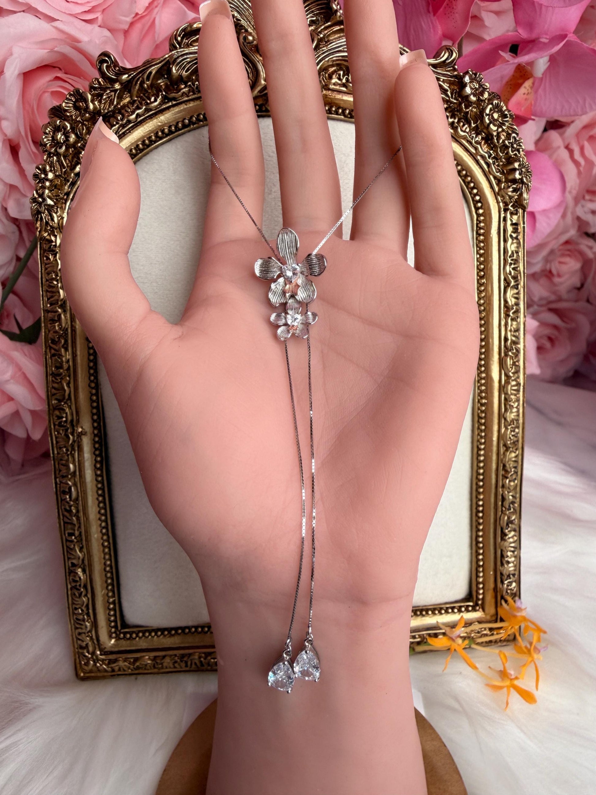 Vanda Loke 14k White Gold Plated Vanda Orchid Lariat Necklace, Heart Crystal Double Flower Choker, Statement Jewelry, Orchid Pendant