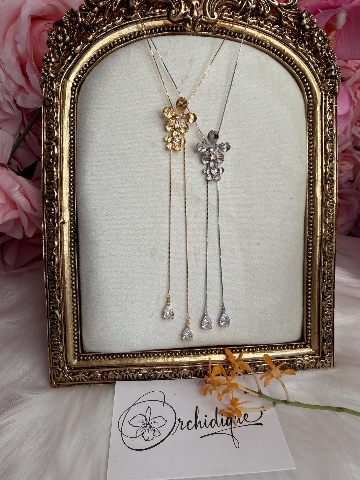 Vanda Loke 14k White Gold Plated Vanda Orchid Lariat Necklace, Heart Crystal Double Flower Choker, Statement Jewelry, Orchid Pendant