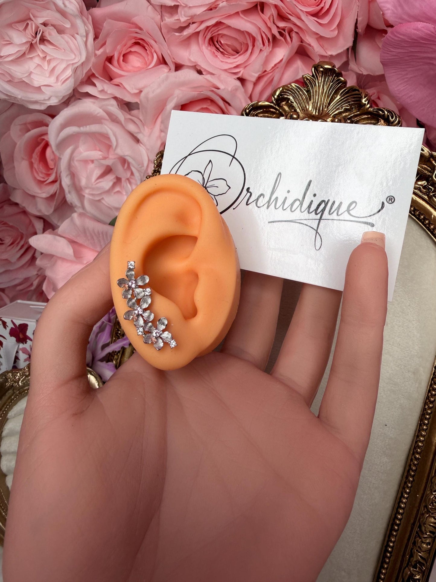 Vanda Orchid Ear Climbers, 14K Gold & White Gold Botanical Studs, Vanda Loke Flower Crawler Pair, Dainty Floral Gift for Her