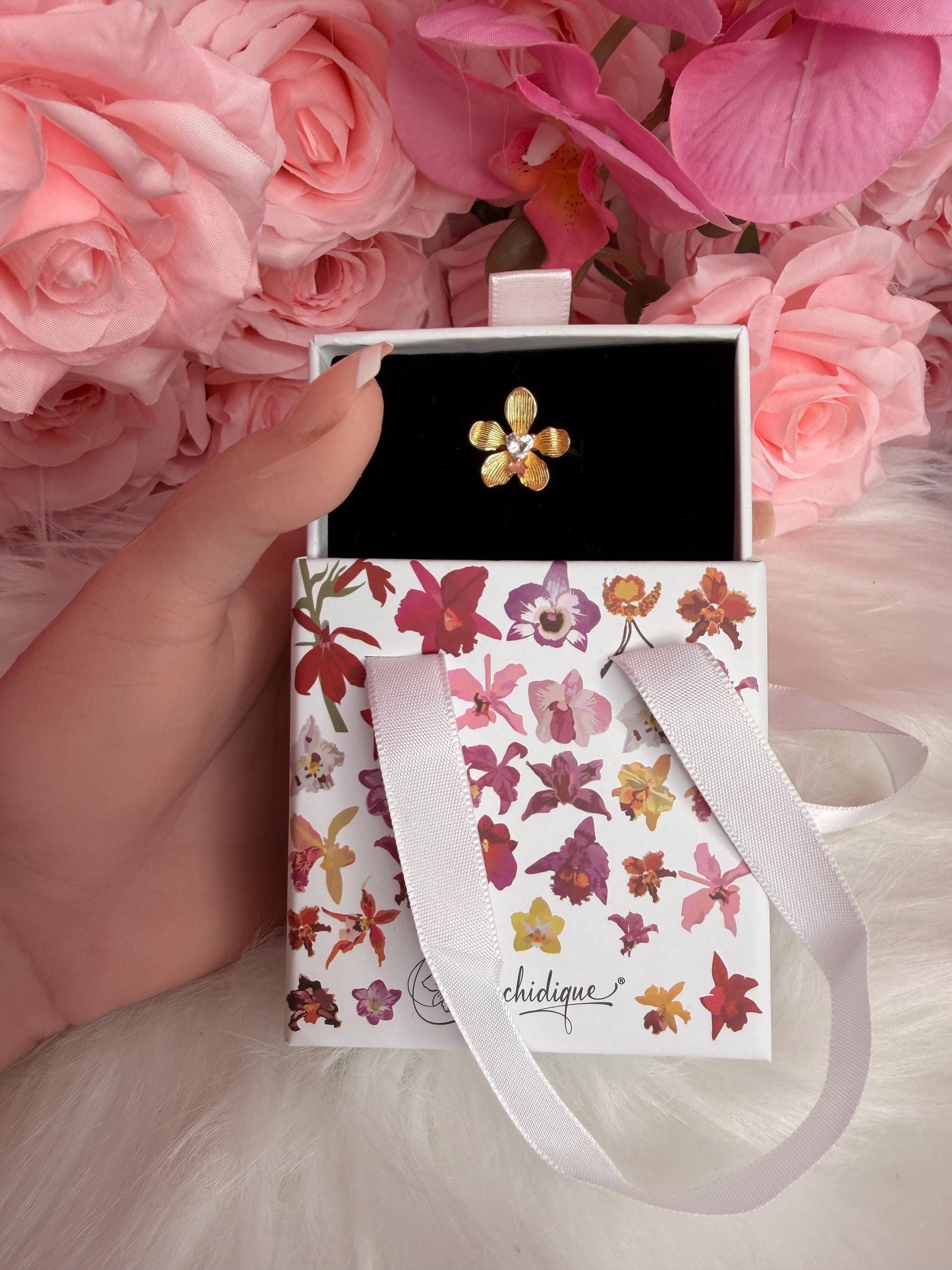 Elegant Statement Ring - Vanda Loke Collection: Orchid Ring • Heart Labellum- Yellow Gold
