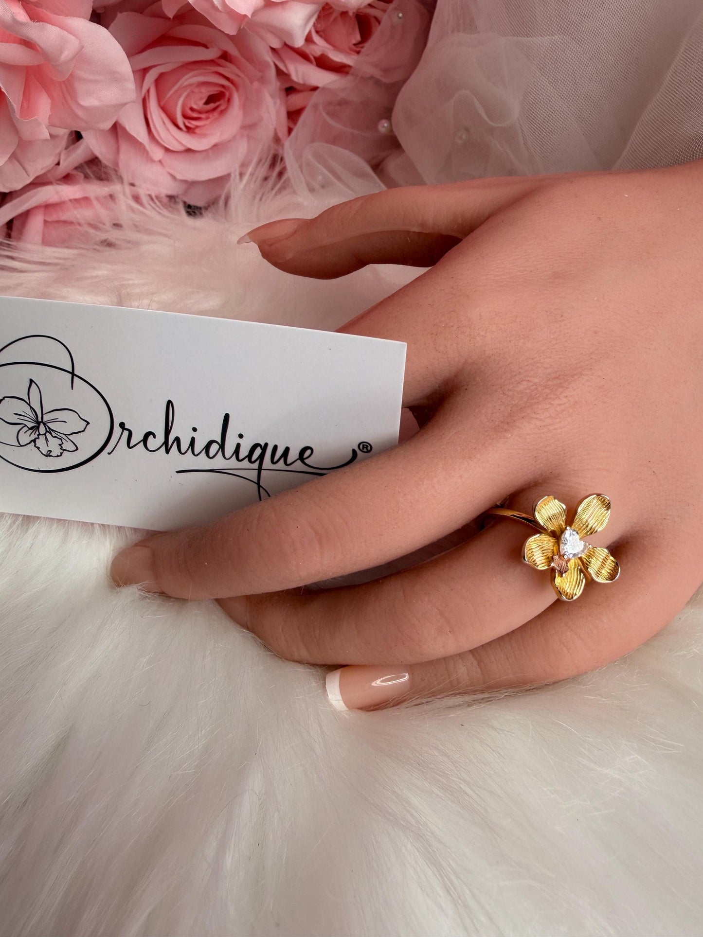 Elegant Statement Ring - Vanda Loke Collection: Orchid Ring • Heart Labellum- Yellow Gold