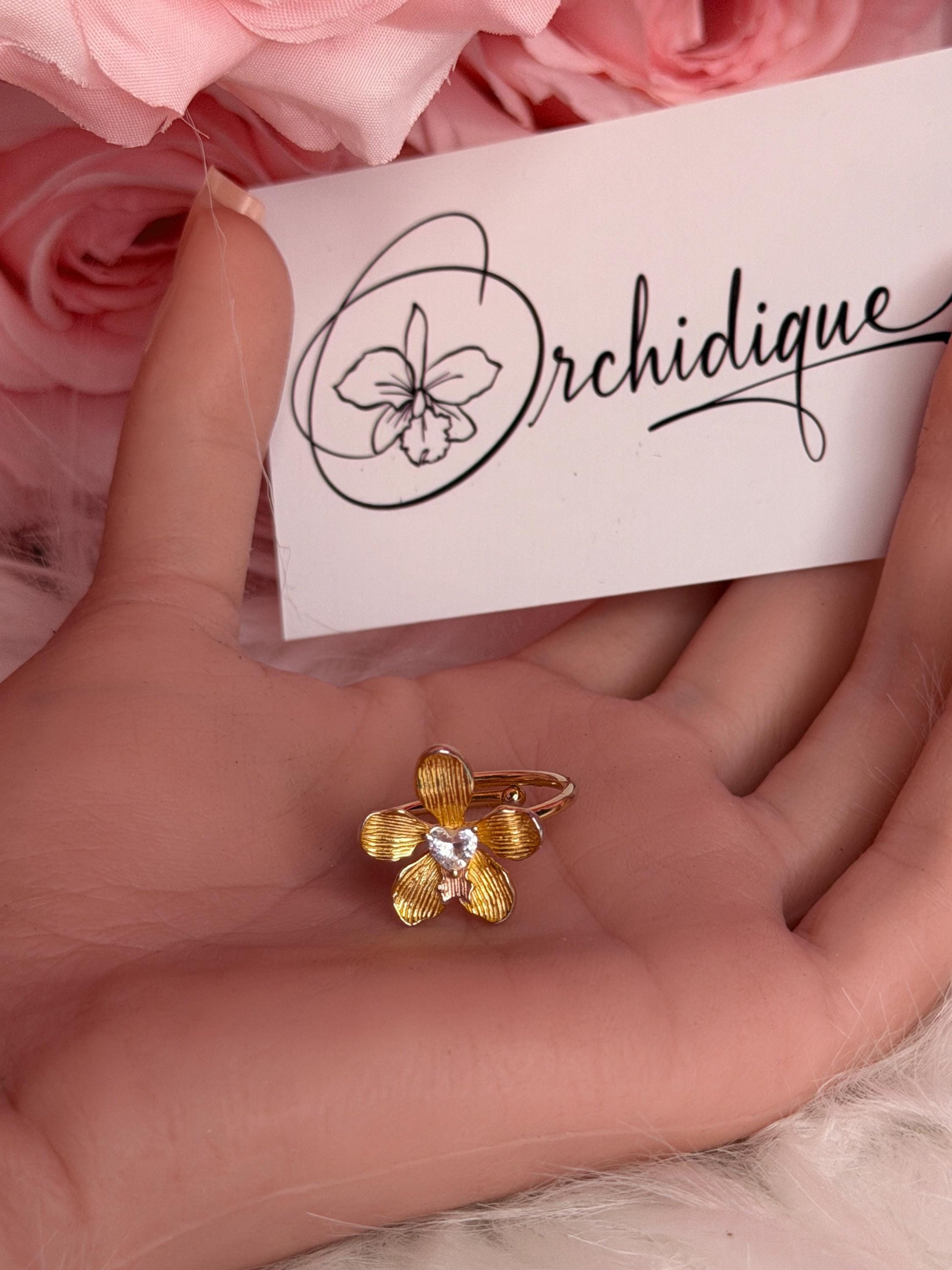 Elegant Statement Ring - Vanda Loke Collection: Orchid Ring • Heart Labellum- Yellow Gold