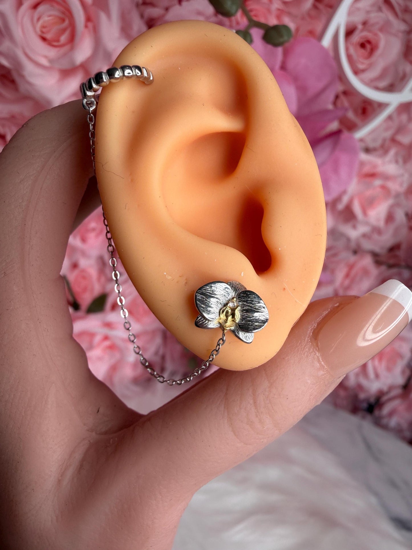 Phalaenopsis Orchid Silver Chain Cuff Earring • Real Orchid Labellum Helix Cartilage Chain Piercing • Gold & Silver Botanical Hoop Earring