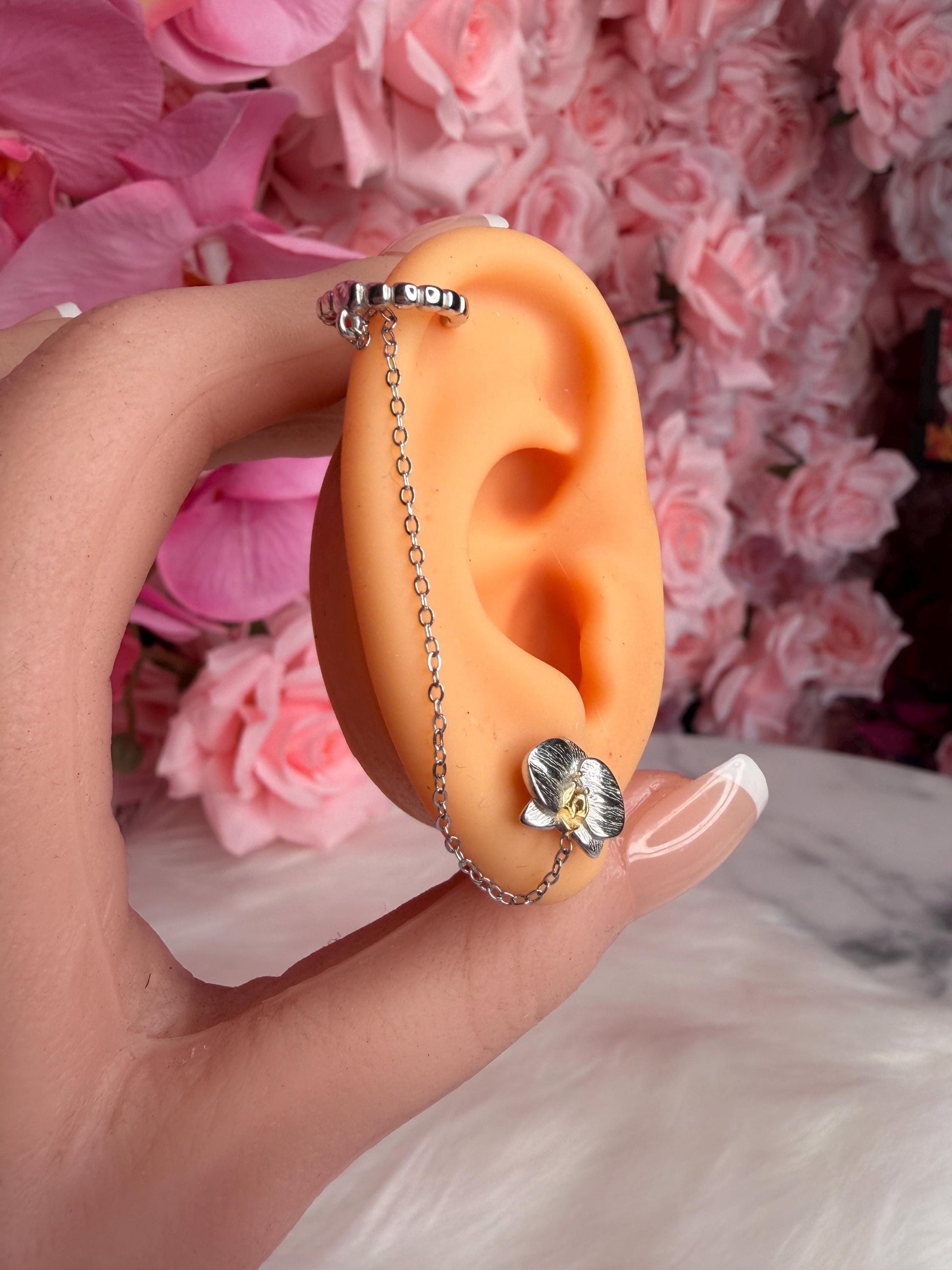 Phalaenopsis Orchid Silver Chain Cuff Earring • Real Orchid Labellum Helix Cartilage Chain Piercing • Gold & Silver Botanical Hoop Earring