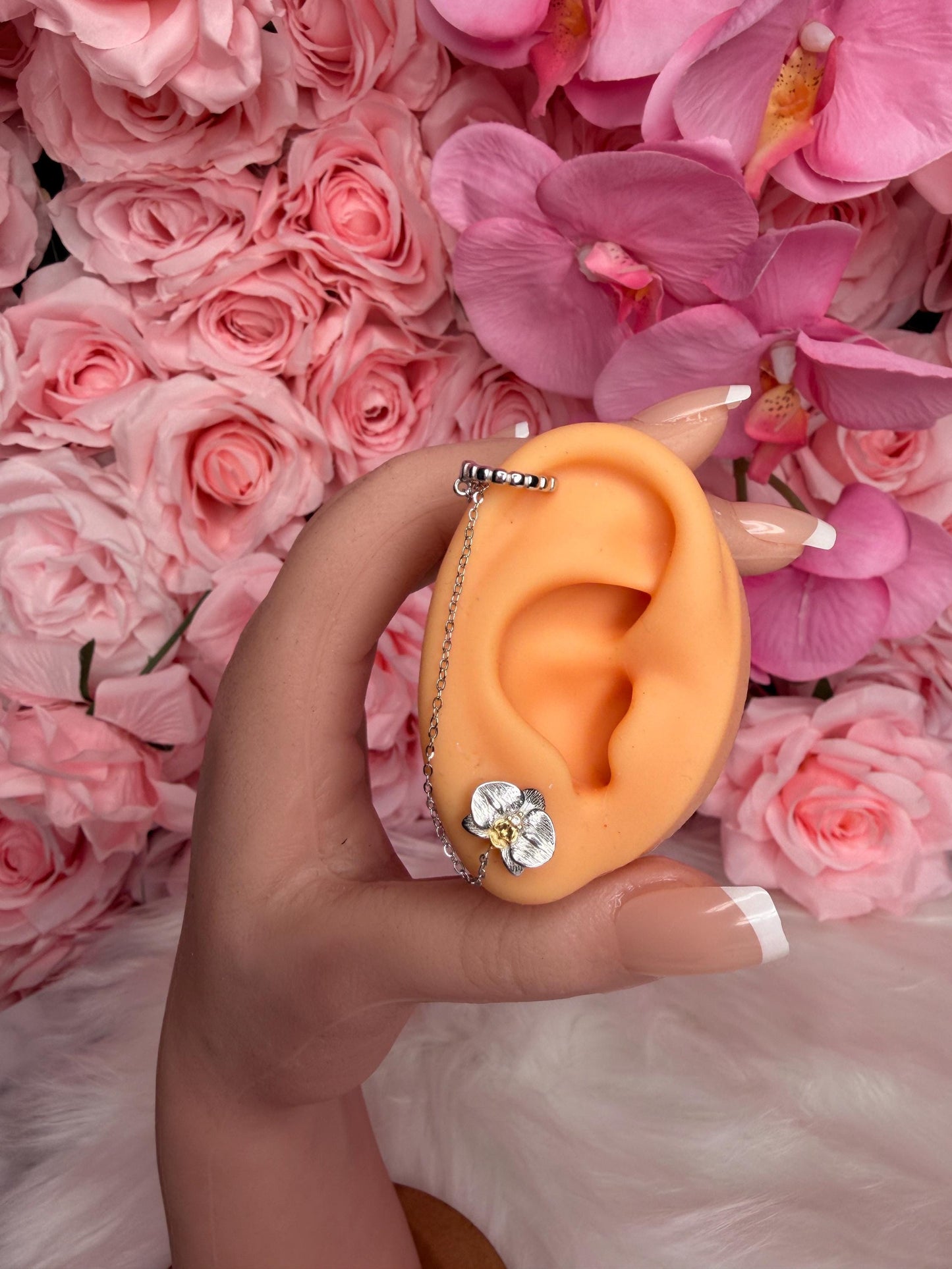 Phalaenopsis Orchid Silver Chain Cuff Earring • Real Orchid Labellum Helix Cartilage Chain Piercing • Gold & Silver Botanical Hoop Earring