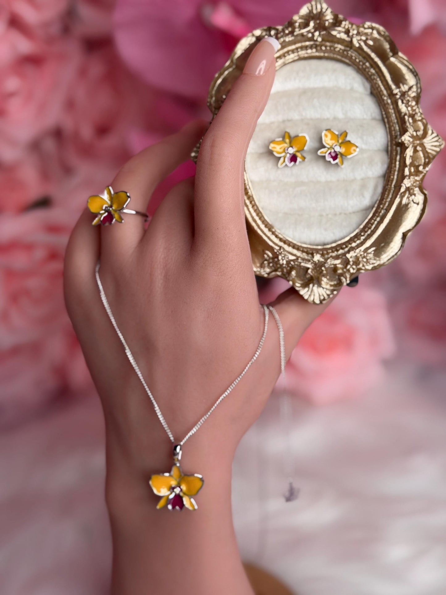 Sophrolaeliocattleya Yellow Orchid Jewelry • Convertible Choker Necklace, Studs, & Adjustable Ring • Mix and Match Set