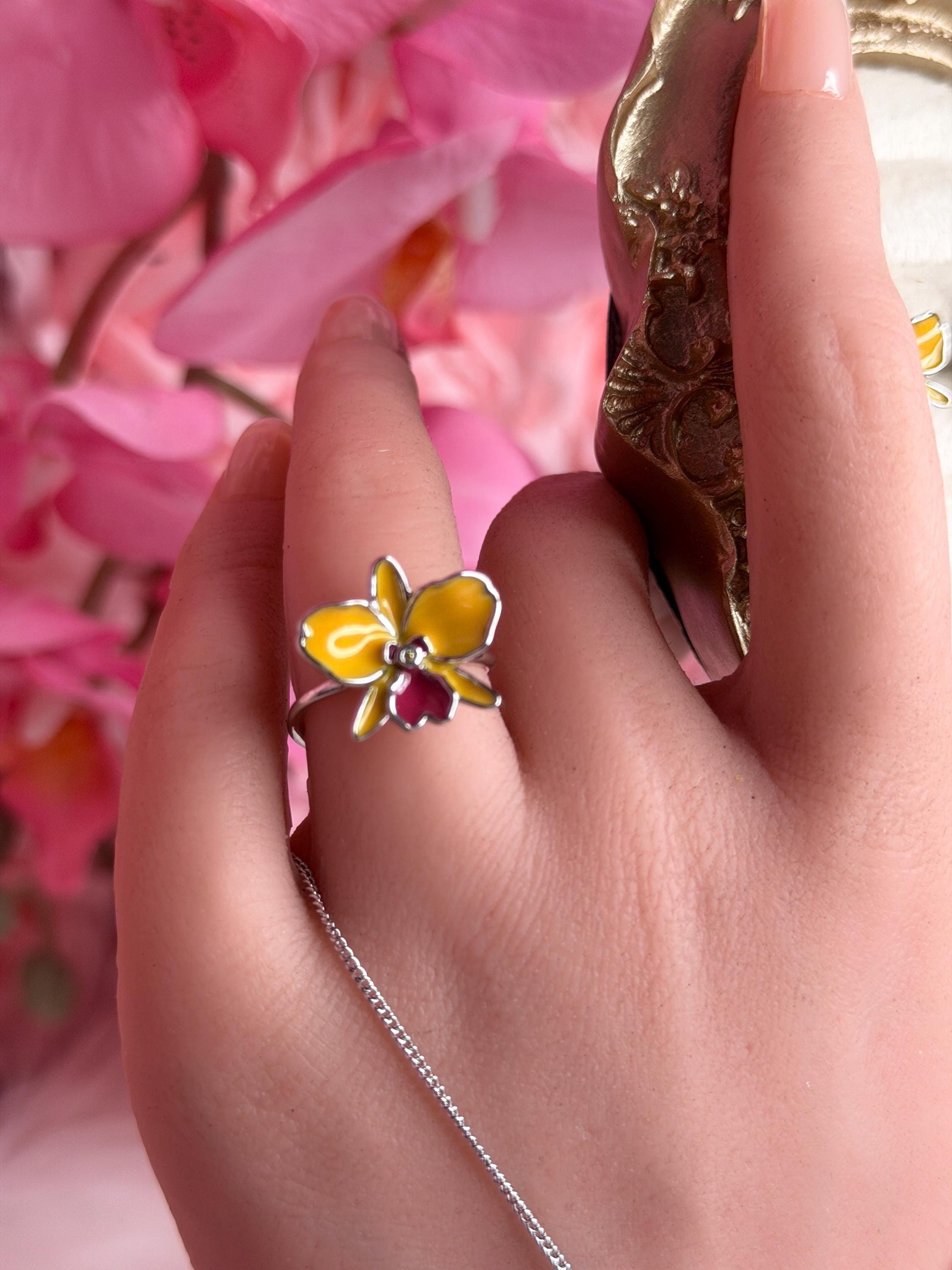 Sophrolaeliocattleya Yellow Orchid Jewelry • Convertible Choker Necklace, Studs, & Adjustable Ring • Mix and Match Set