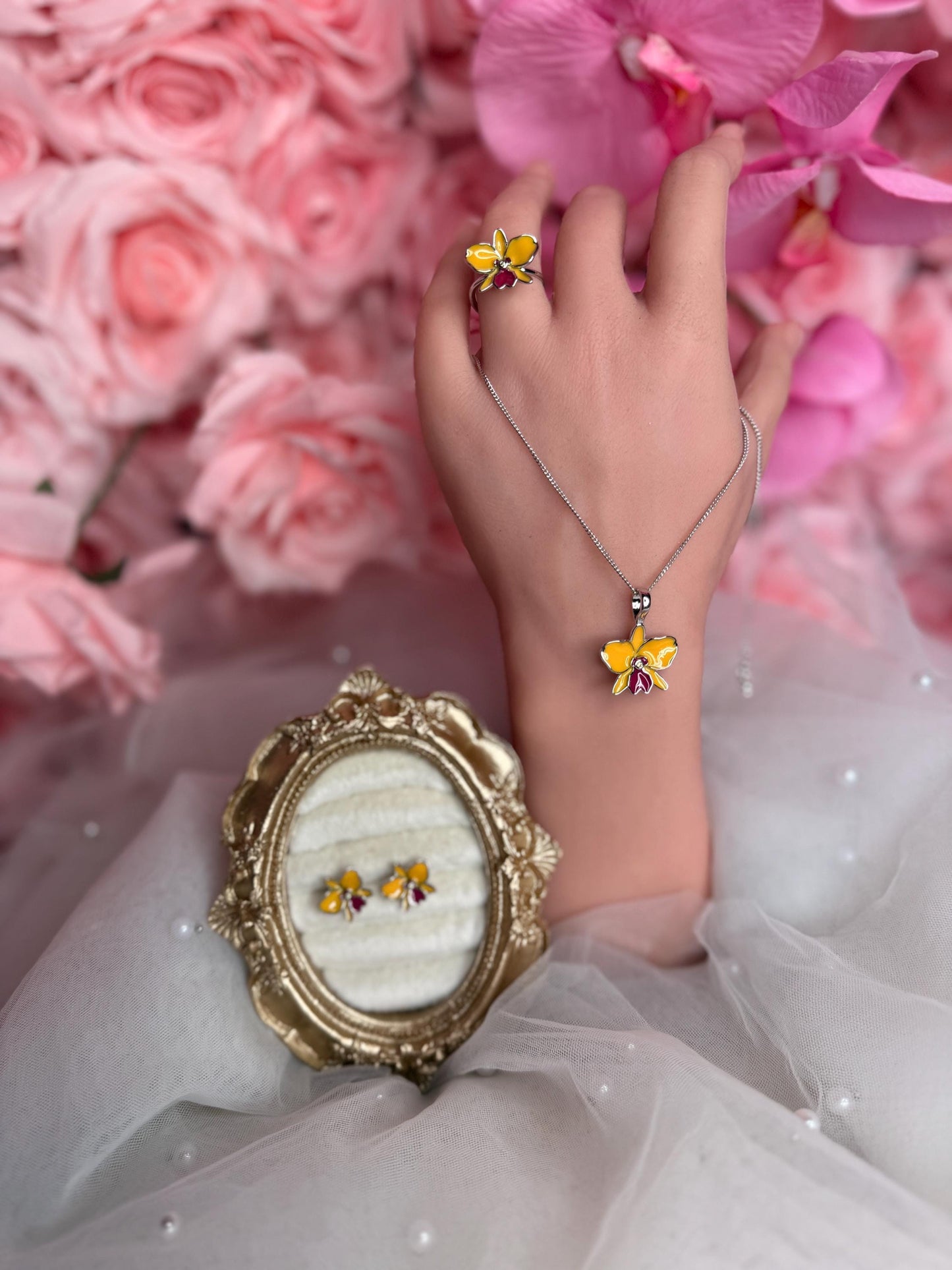 Sophrolaeliocattleya Yellow Orchid Jewelry • Convertible Choker Necklace, Studs, & Adjustable Ring • Mix and Match Set