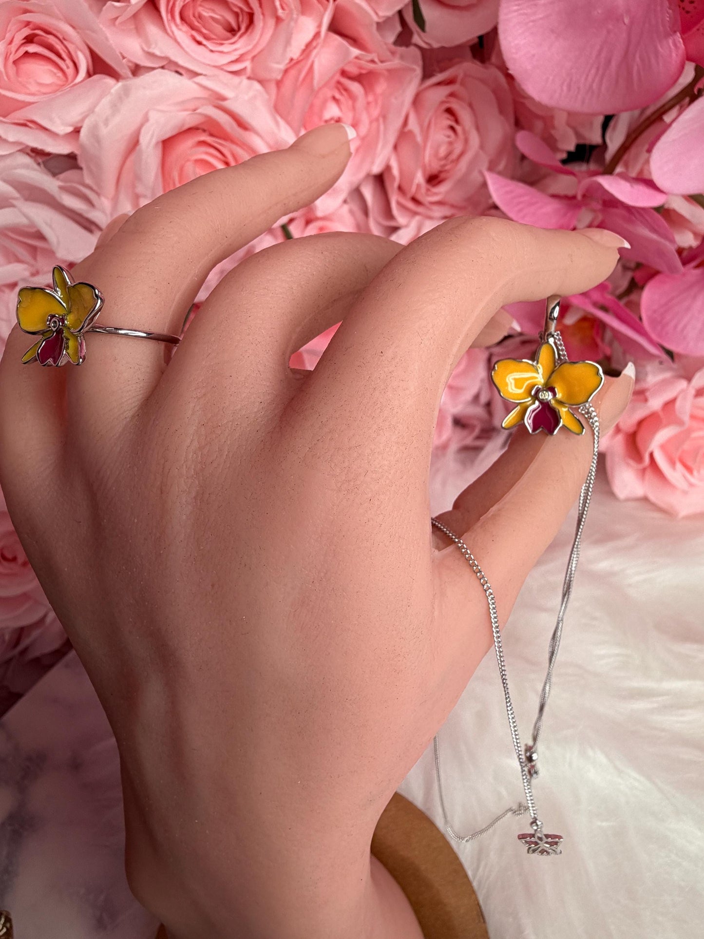 Sophrolaeliocattleya Yellow Orchid Jewelry • Convertible Choker Necklace, Studs, & Adjustable Ring • Mix and Match Set