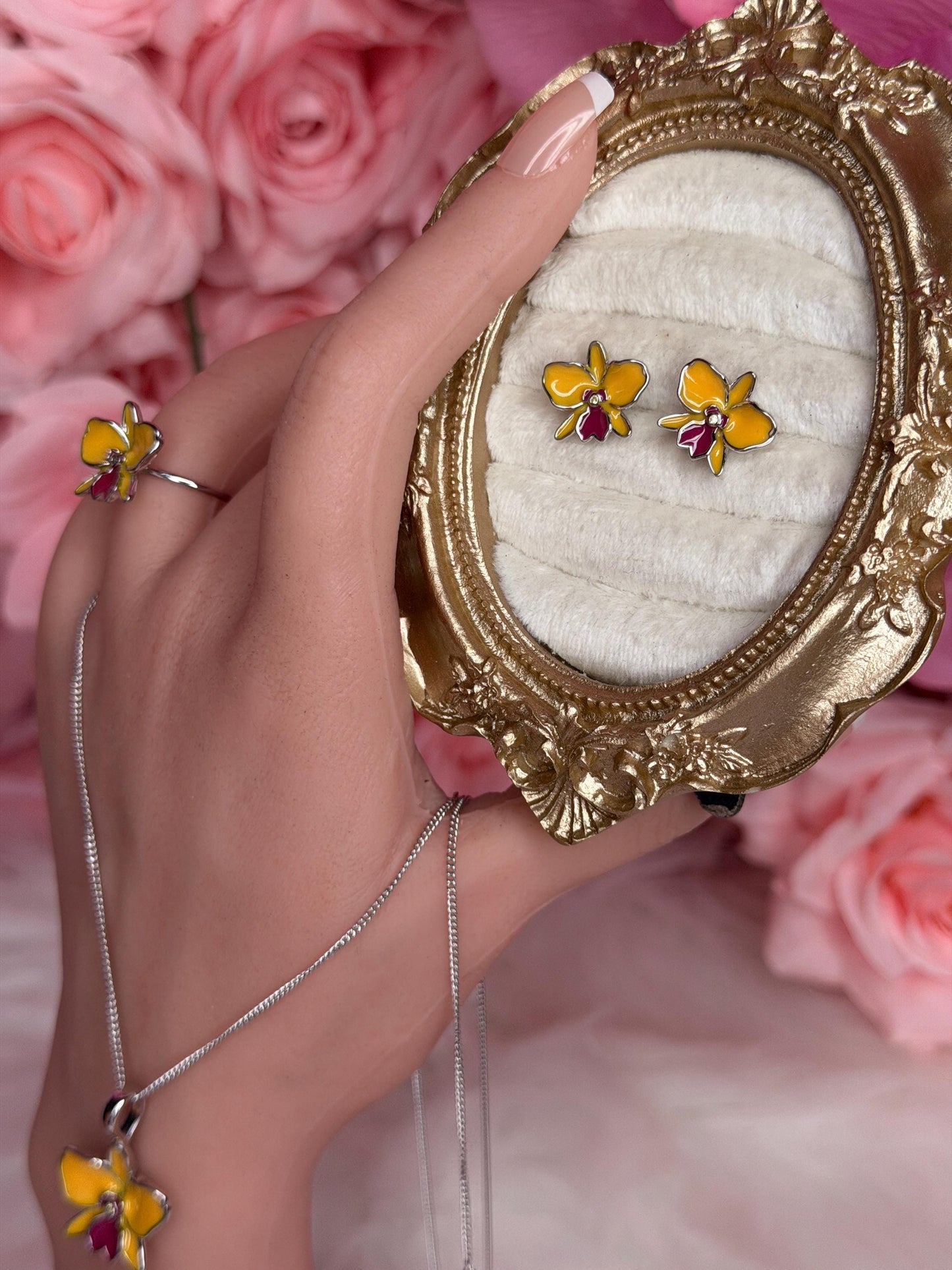 Sophrolaeliocattleya Yellow Orchid Jewelry • Convertible Choker Necklace, Studs, & Adjustable Ring • Mix and Match Set