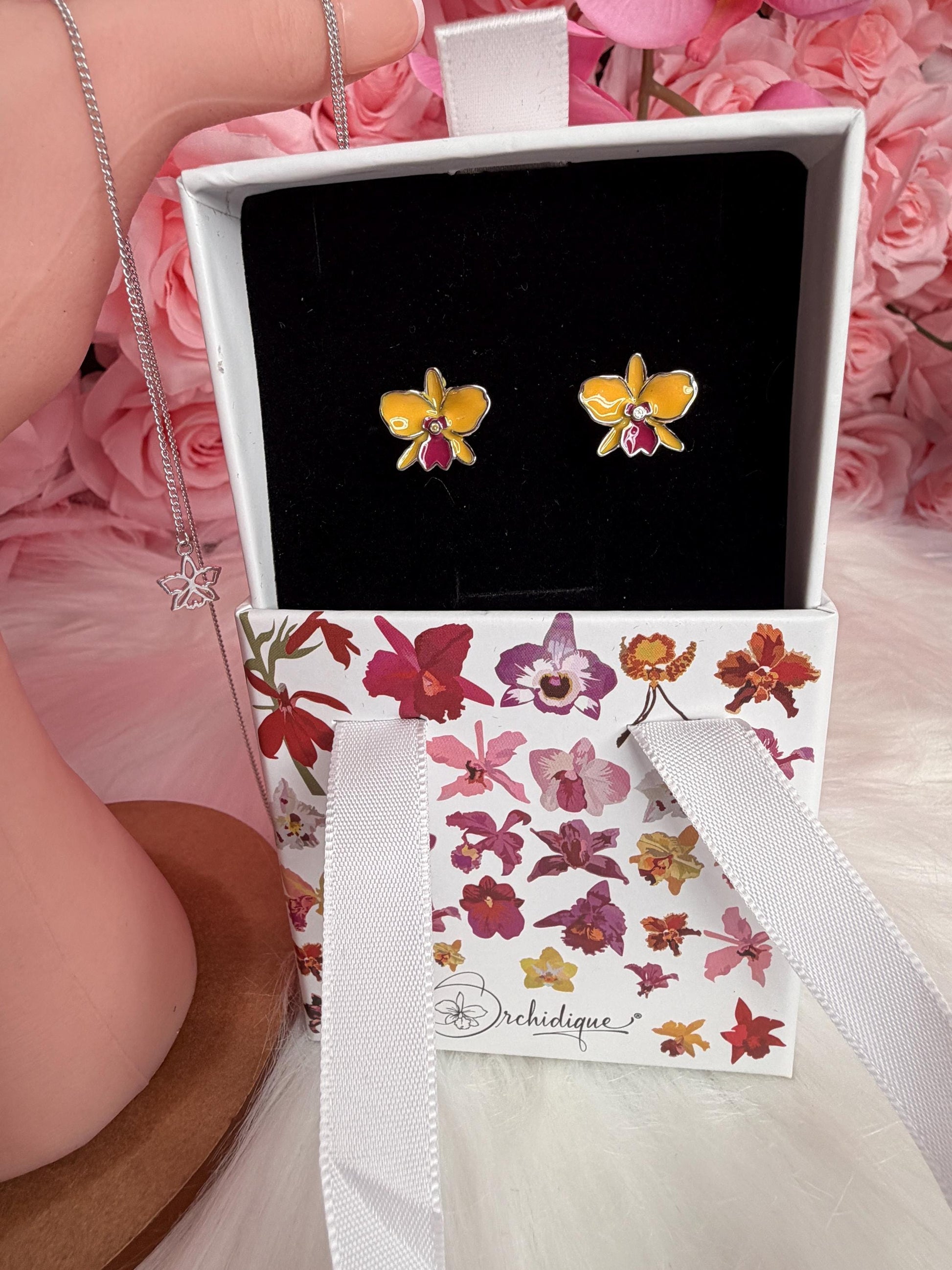 Sophrolaeliocattleya Yellow Orchid Jewelry • Convertible Choker Necklace, Studs, & Adjustable Ring • Mix and Match Set