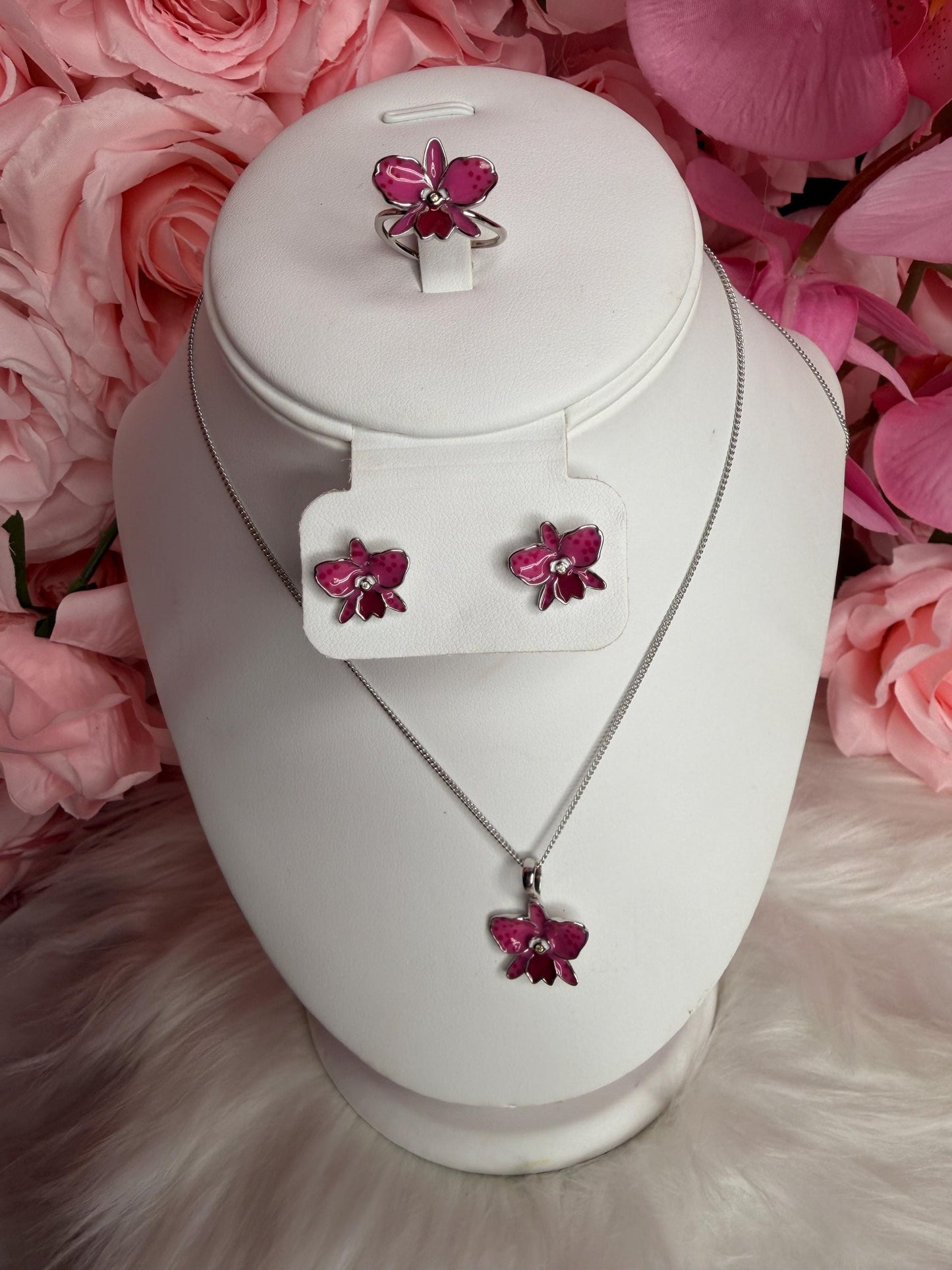 Sophrolaeliocattleya Pink Orchid Jewelry • Convertible Choker Necklace, Studs, & Adjustable Ring • Mix and Match Set