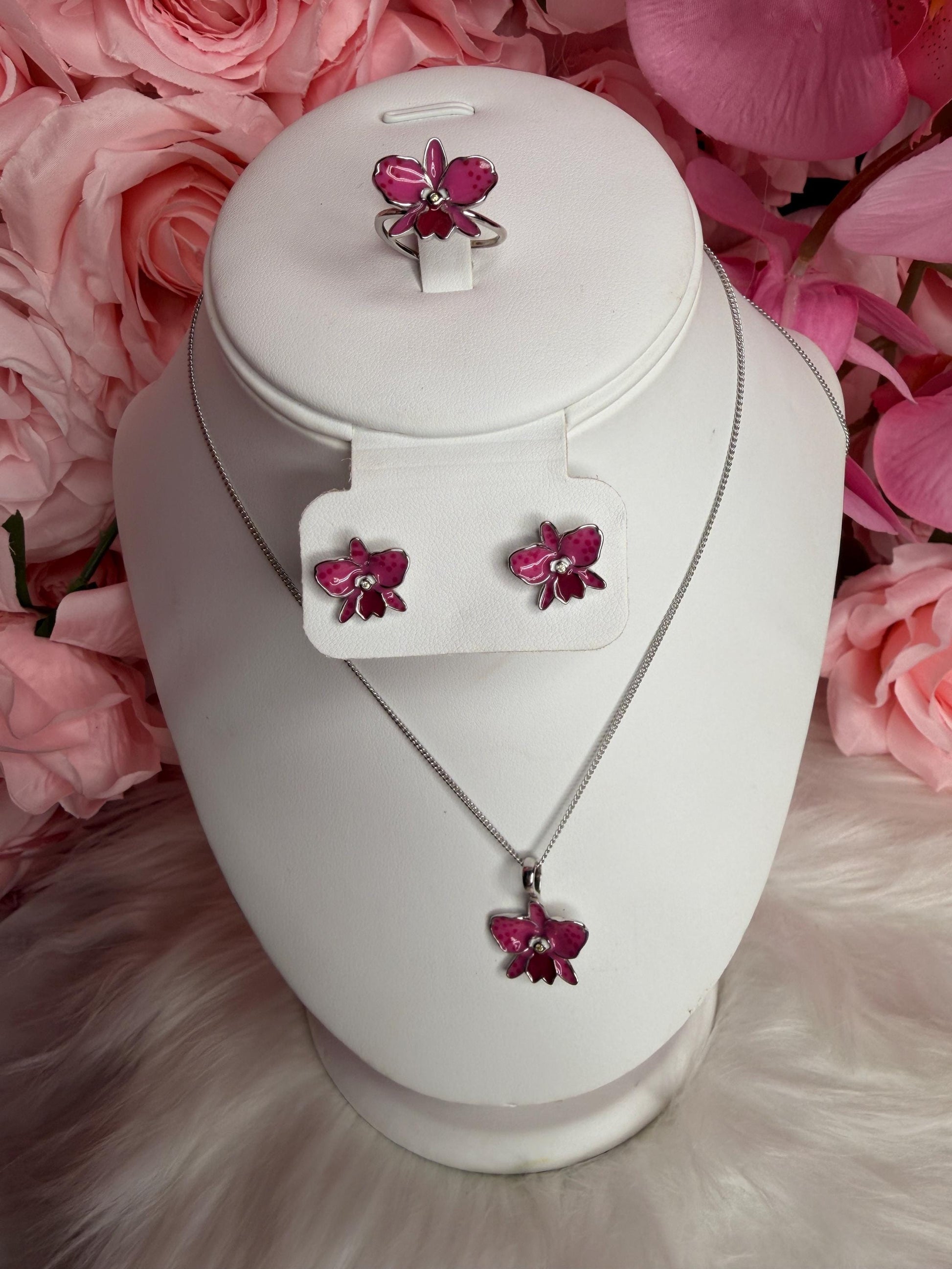 Sophrolaeliocattleya Pink Orchid Jewelry • Convertible Choker Necklace, Studs, & Adjustable Ring • Mix and Match Set