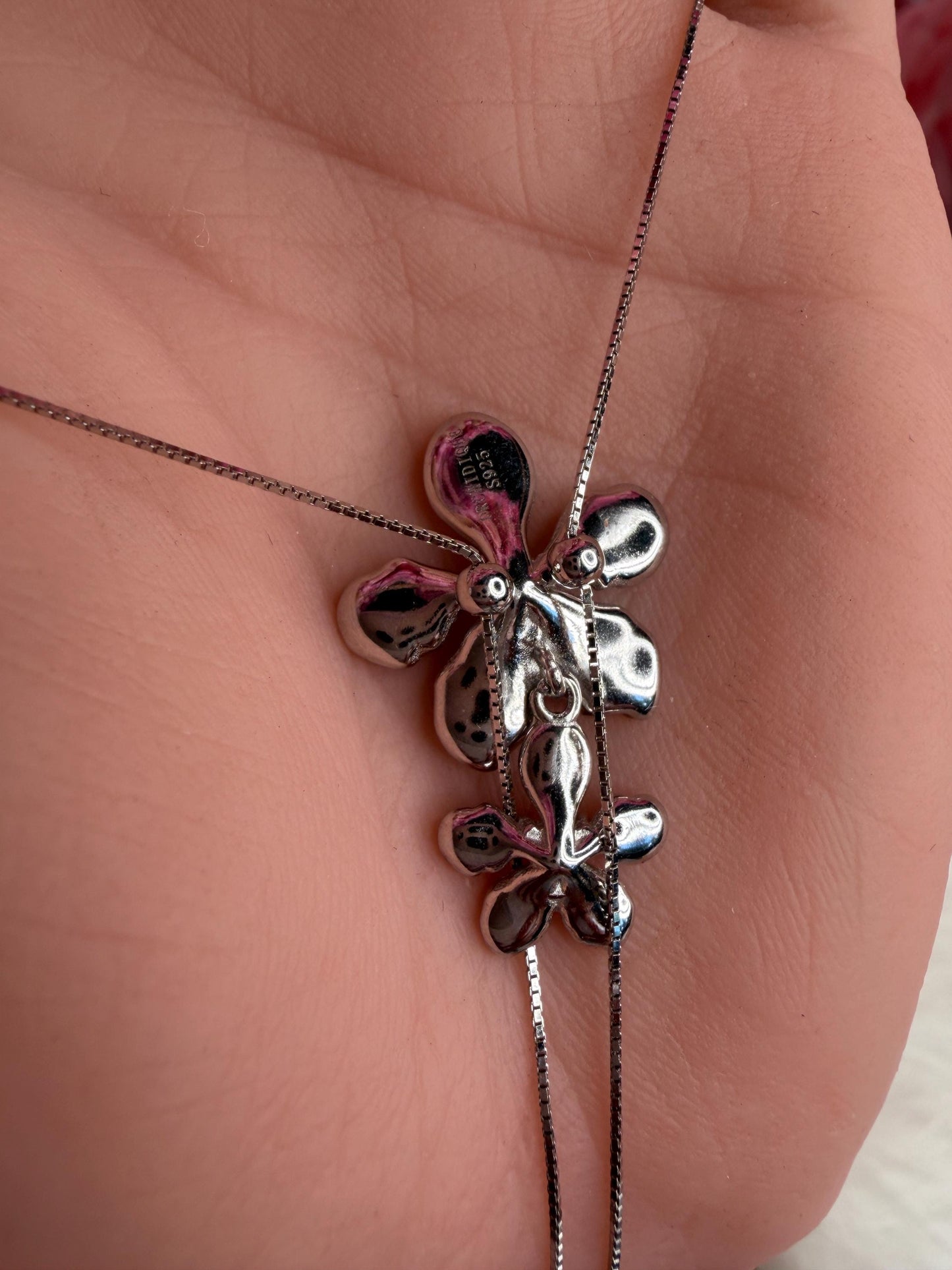 Vanda Loke 14k White Gold Plated Vanda Orchid Lariat Necklace, Heart Crystal Double Flower Choker, Statement Jewelry, Orchid Pendant