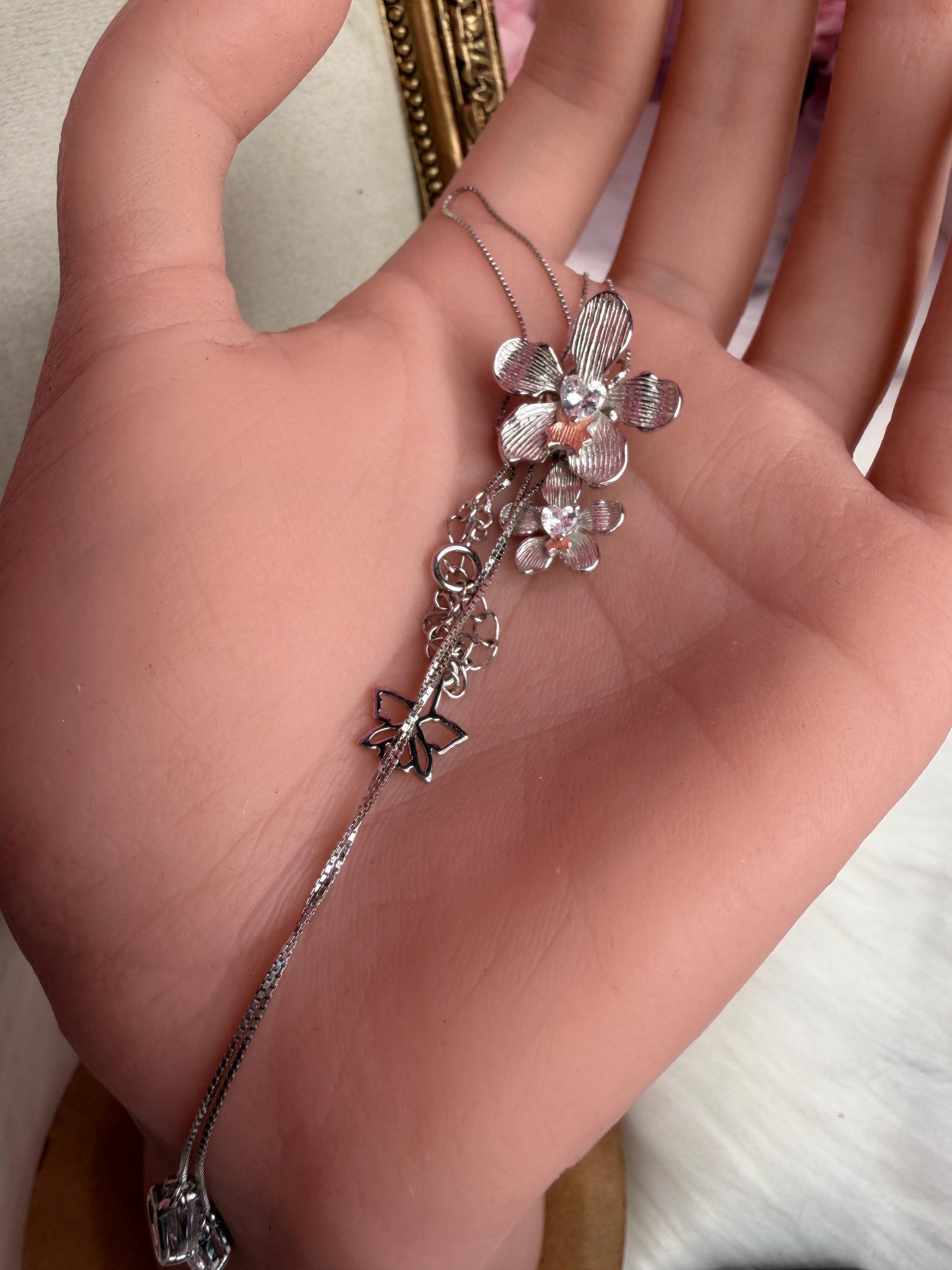 Vanda Loke 14k White Gold Plated Vanda Orchid Lariat Necklace, Heart Crystal Double Flower Choker, Statement Jewelry, Orchid Pendant