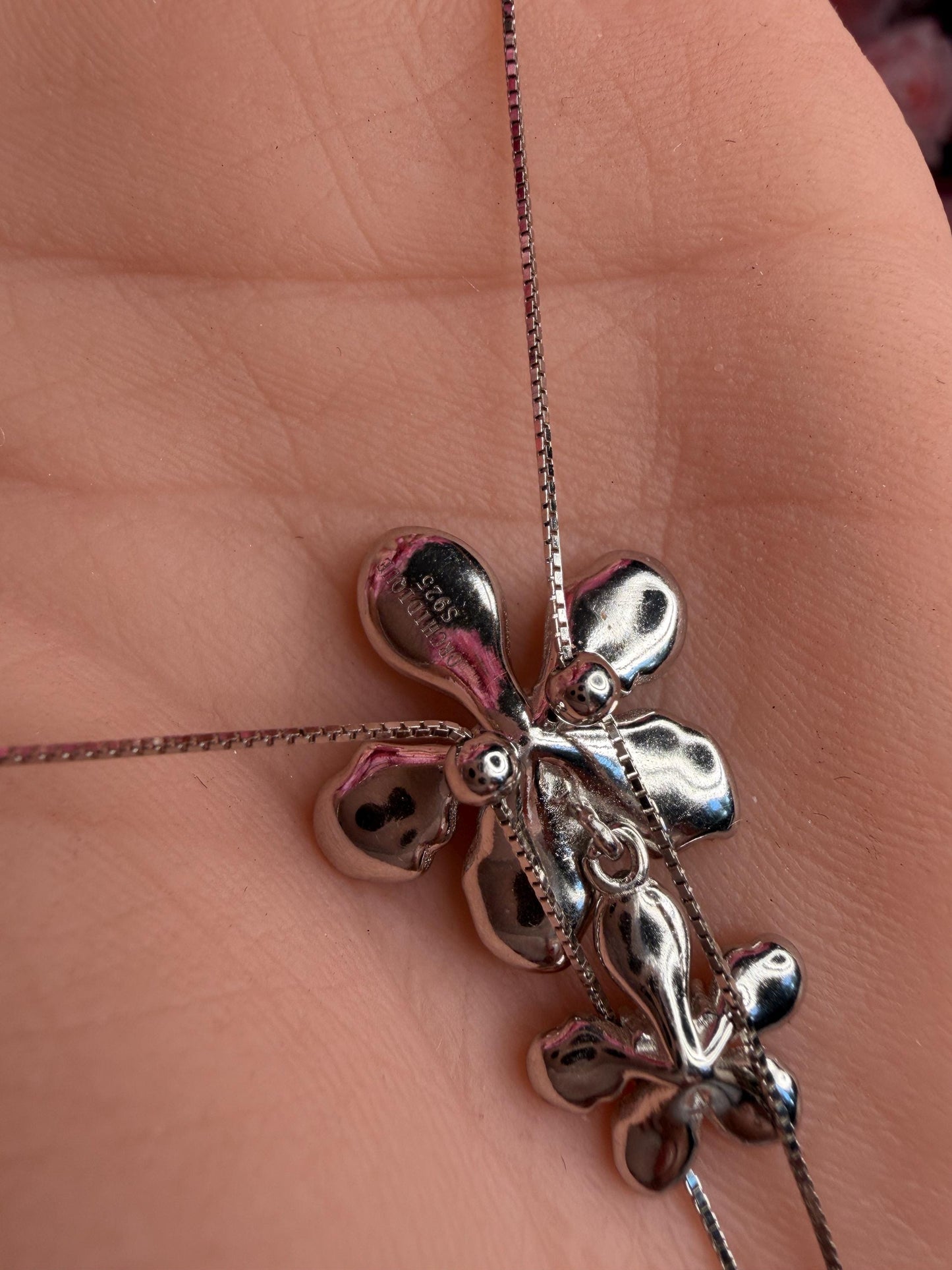 Vanda Loke 14k White Gold Plated Vanda Orchid Lariat Necklace, Heart Crystal Double Flower Choker, Statement Jewelry, Orchid Pendant