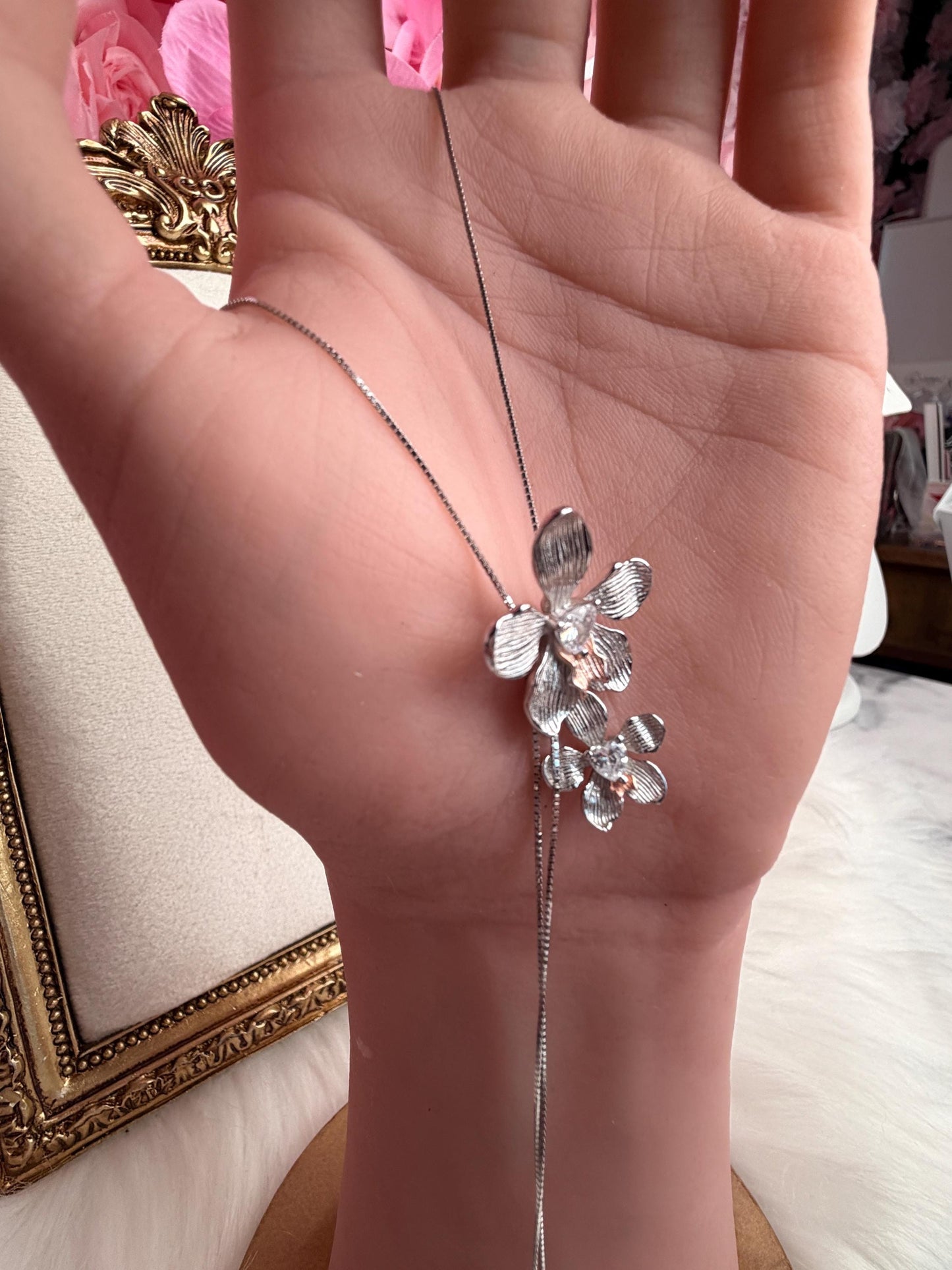 Vanda Loke 14k White Gold Plated Vanda Orchid Lariat Necklace, Heart Crystal Double Flower Choker, Statement Jewelry, Orchid Pendant