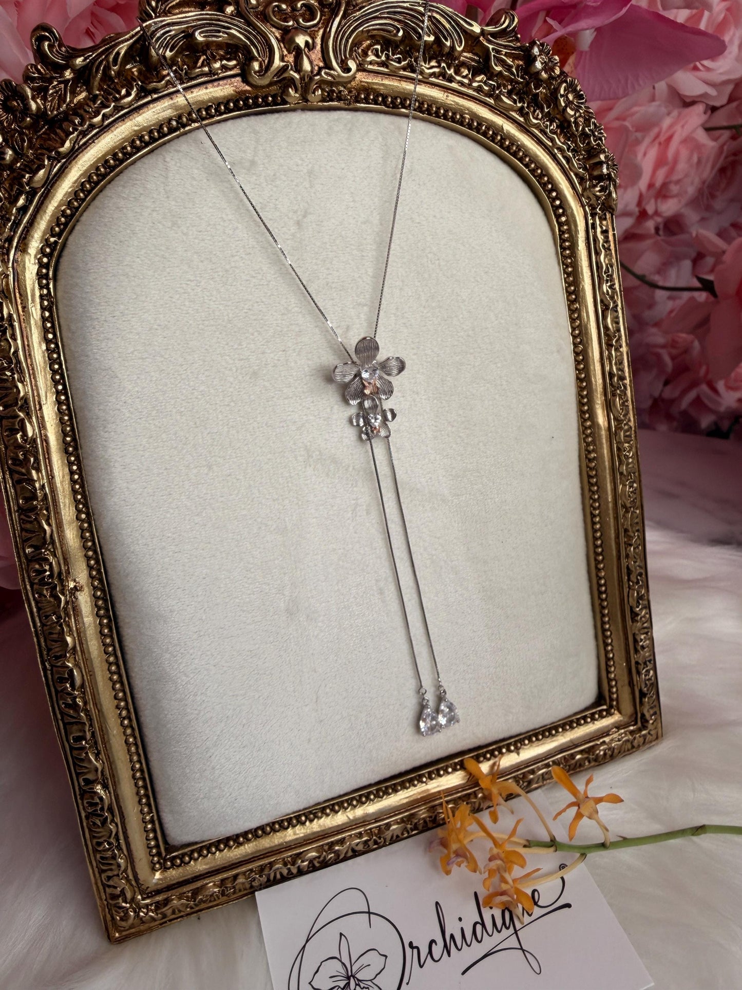 Vanda Loke 14k White Gold Plated Vanda Orchid Lariat Necklace, Heart Crystal Double Flower Choker, Statement Jewelry, Orchid Pendant