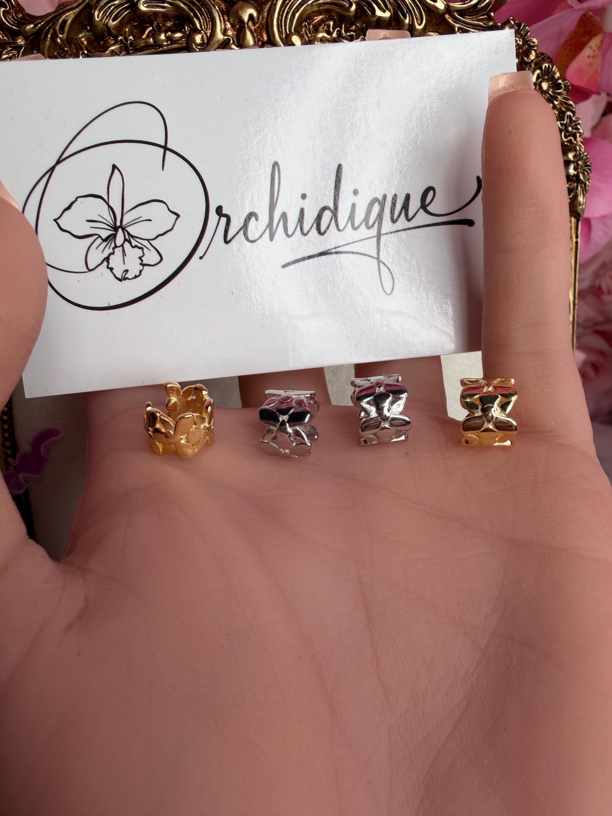 Dendrobium Orchid Ear Cuff • S925 Sterling Silver Five Flower Curved Climber • White Gold & 14K Gold Non Pierced Earring Pair or Single