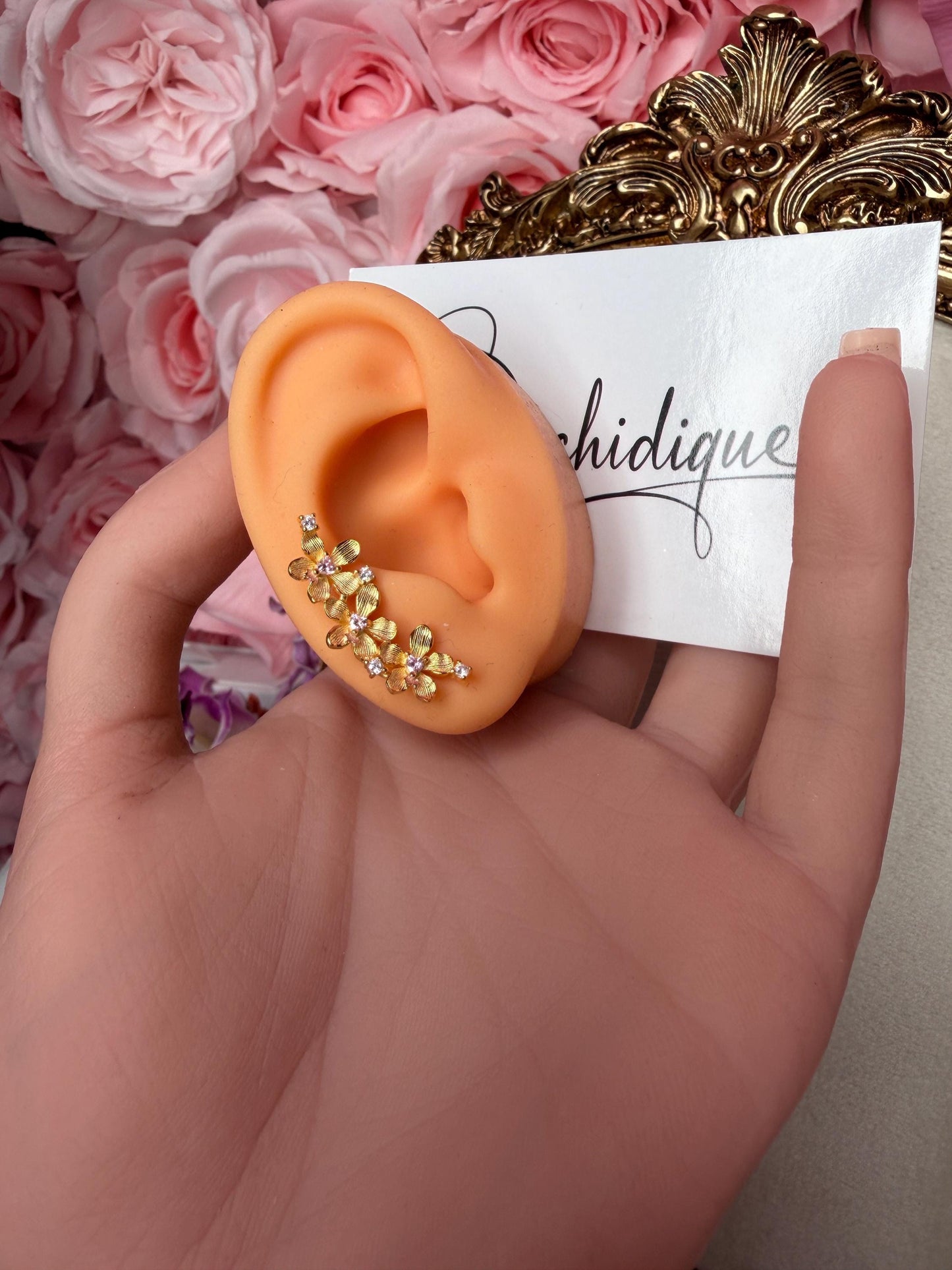 Vanda Orchid Ear Climbers, 14K Gold & White Gold Botanical Studs, Vanda Loke Flower Crawler Pair, Dainty Floral Gift for Her