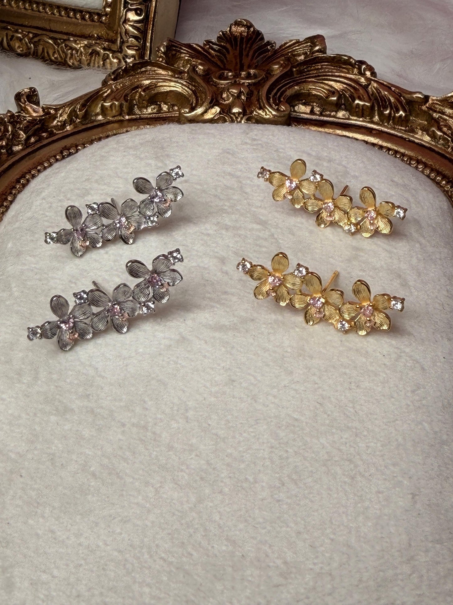 Vanda Orchid Ear Climbers, 14K Gold & White Gold Botanical Studs, Vanda Loke Flower Crawler Pair, Dainty Floral Gift for Her