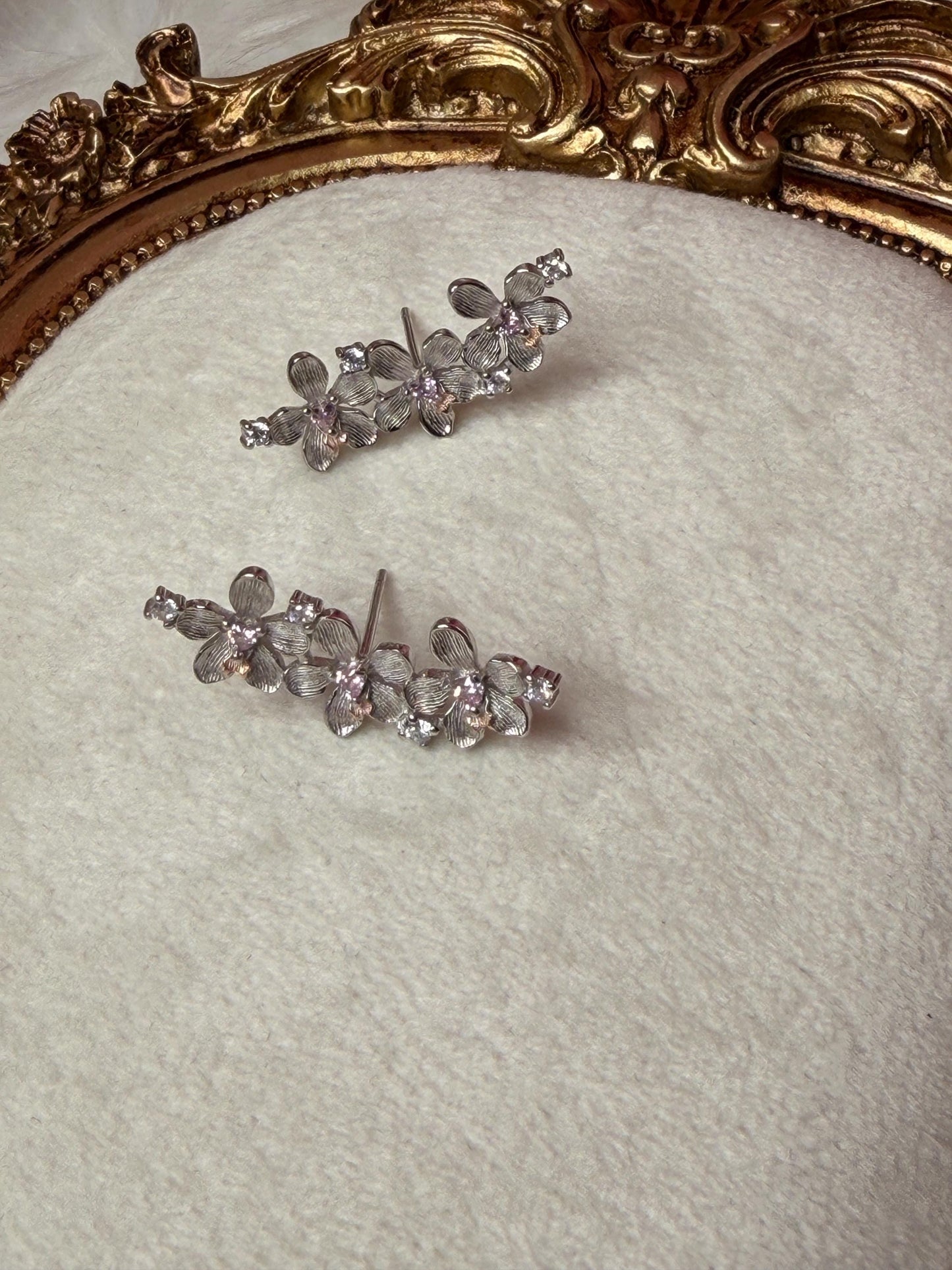 Vanda Orchid Ear Climbers, 14K Gold & White Gold Botanical Studs, Vanda Loke Flower Crawler Pair, Dainty Floral Gift for Her