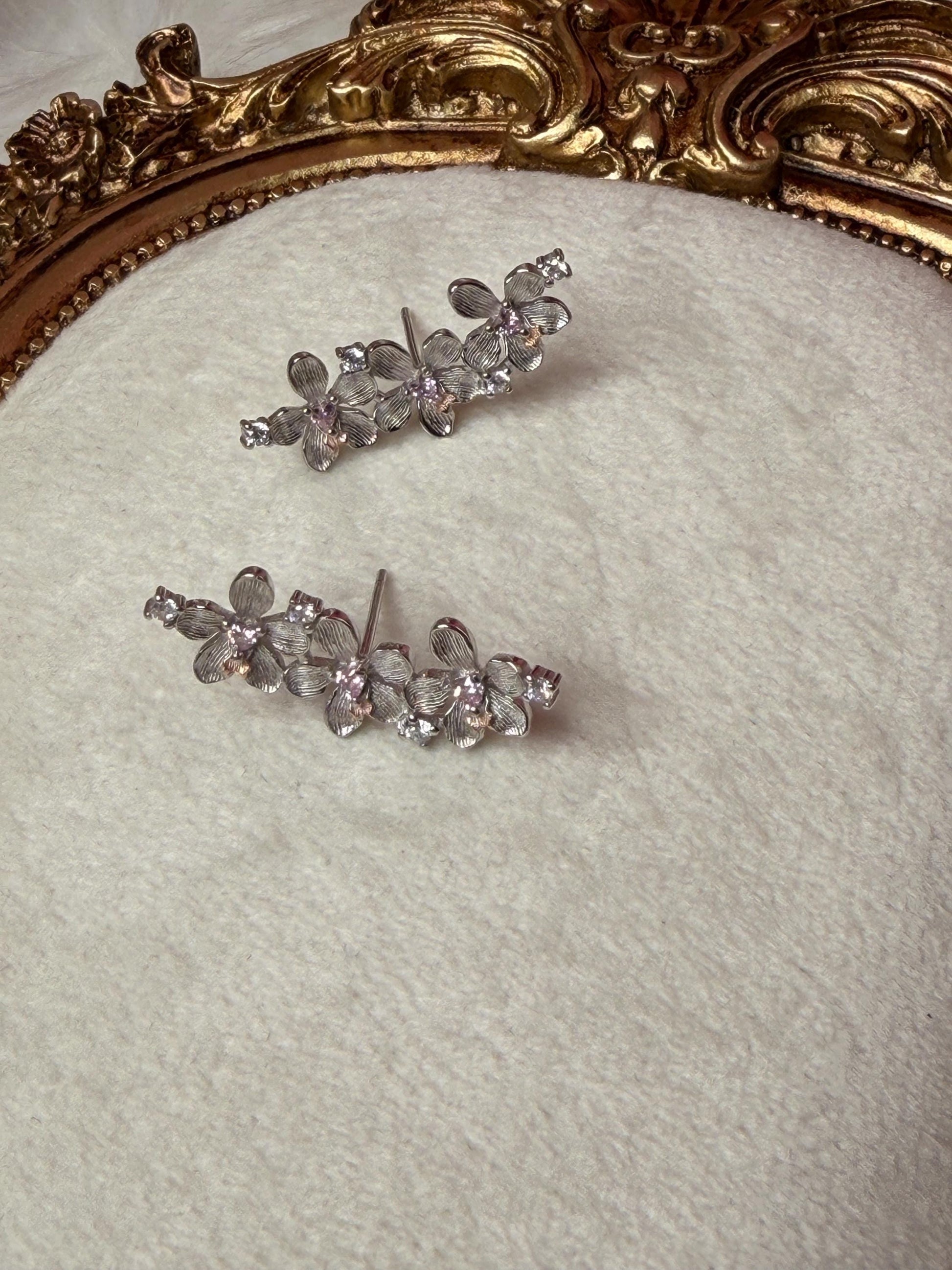 Vanda Orchid Ear Climbers, 14K Gold & White Gold Botanical Studs, Vanda Loke Flower Crawler Pair, Dainty Floral Gift for Her