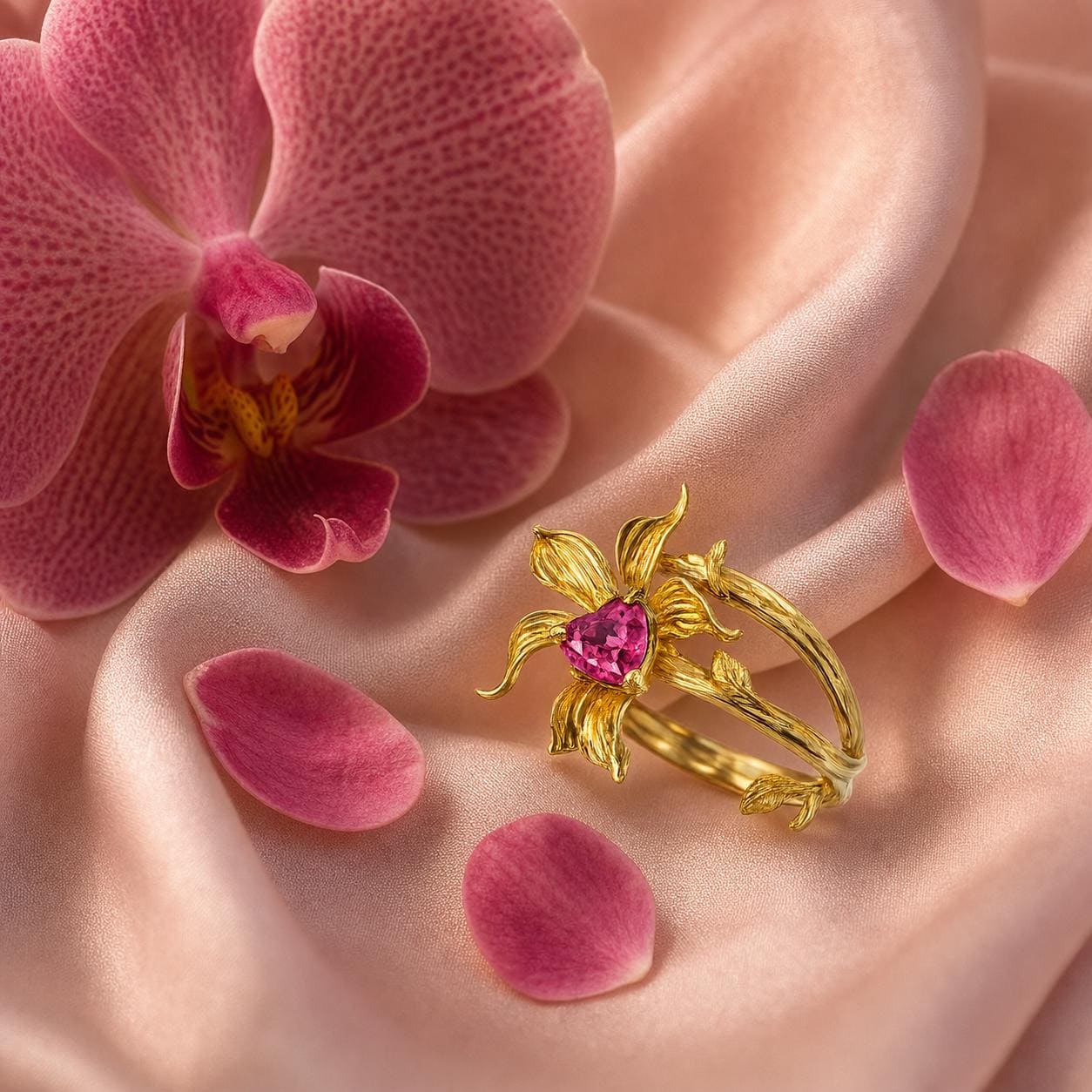 Corazón de Vanda Ring • Heart-Cut Pink Stone • Gold Vanda Orchid • Sterling Silver • One-of-a-Kind Ring