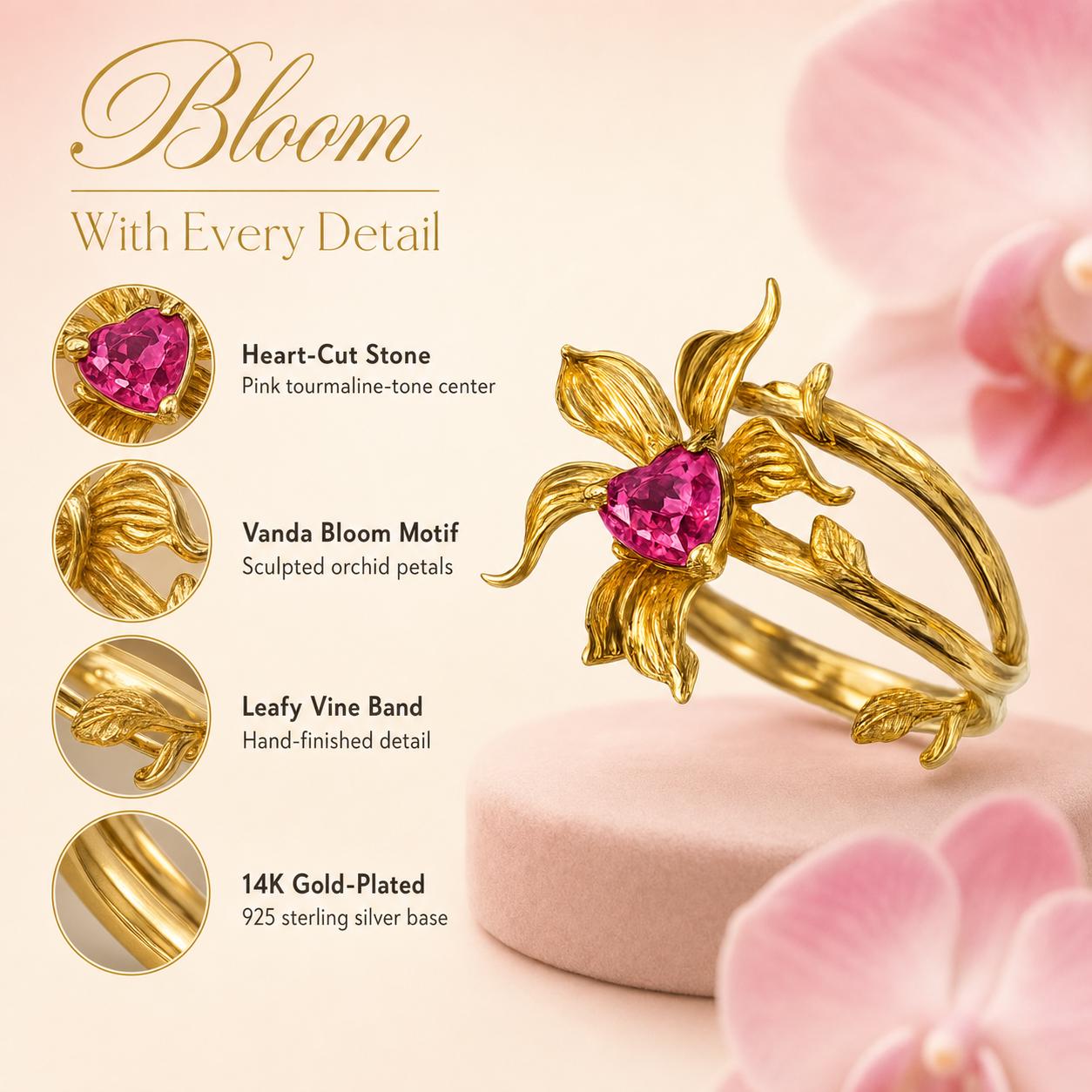 Corazón de Vanda Ring • Heart-Cut Pink Stone • Gold Vanda Orchid • Sterling Silver • One-of-a-Kind Ring
