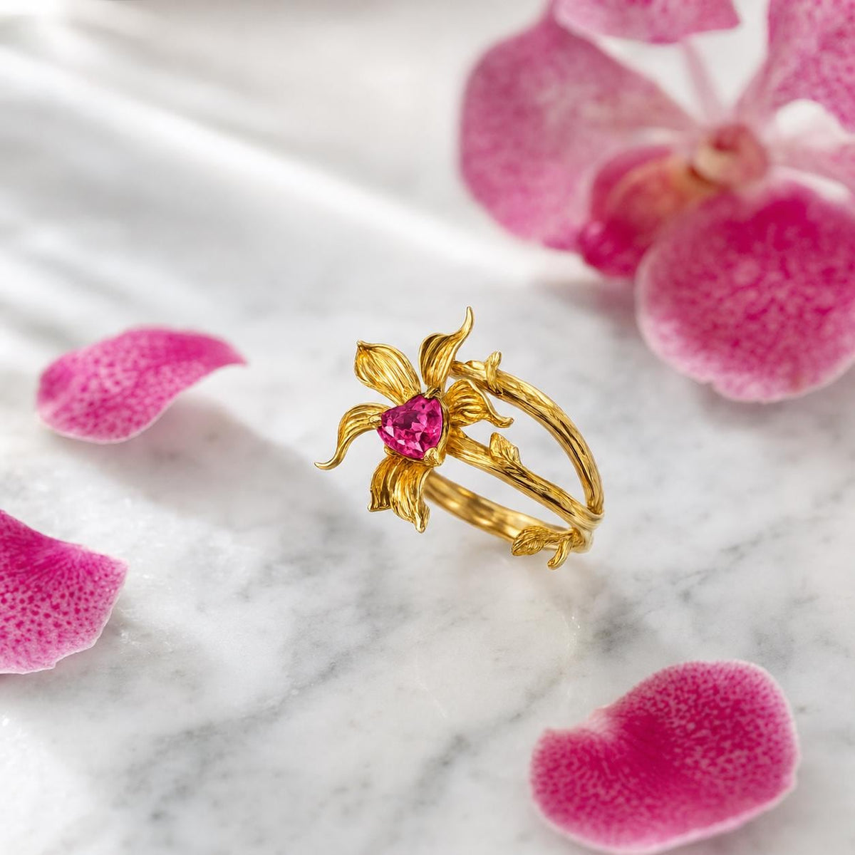 Corazón de Vanda Ring • Heart-Cut Pink Stone • Gold Vanda Orchid • Sterling Silver • One-of-a-Kind Ring