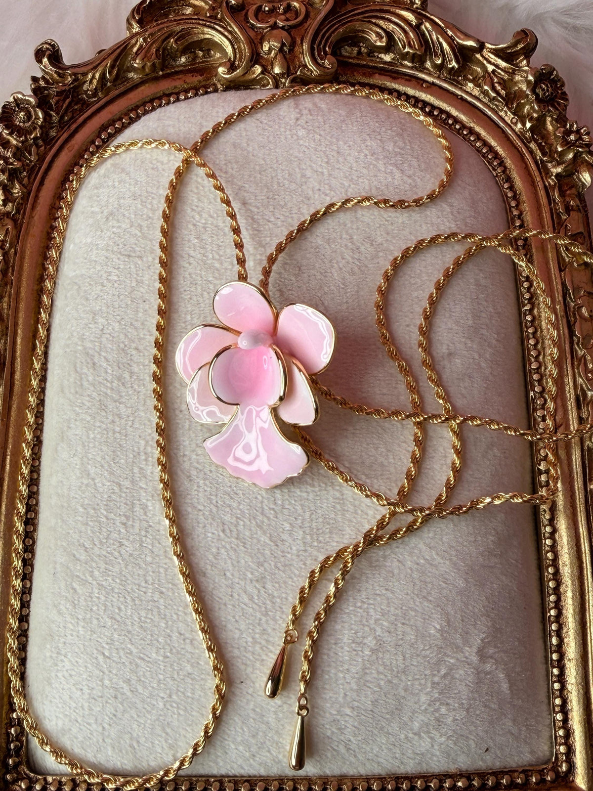 Vanda Miss Joaquim Orchid Lariat Necklace • Pink Enamel • Adjustable Gold Rope Chain