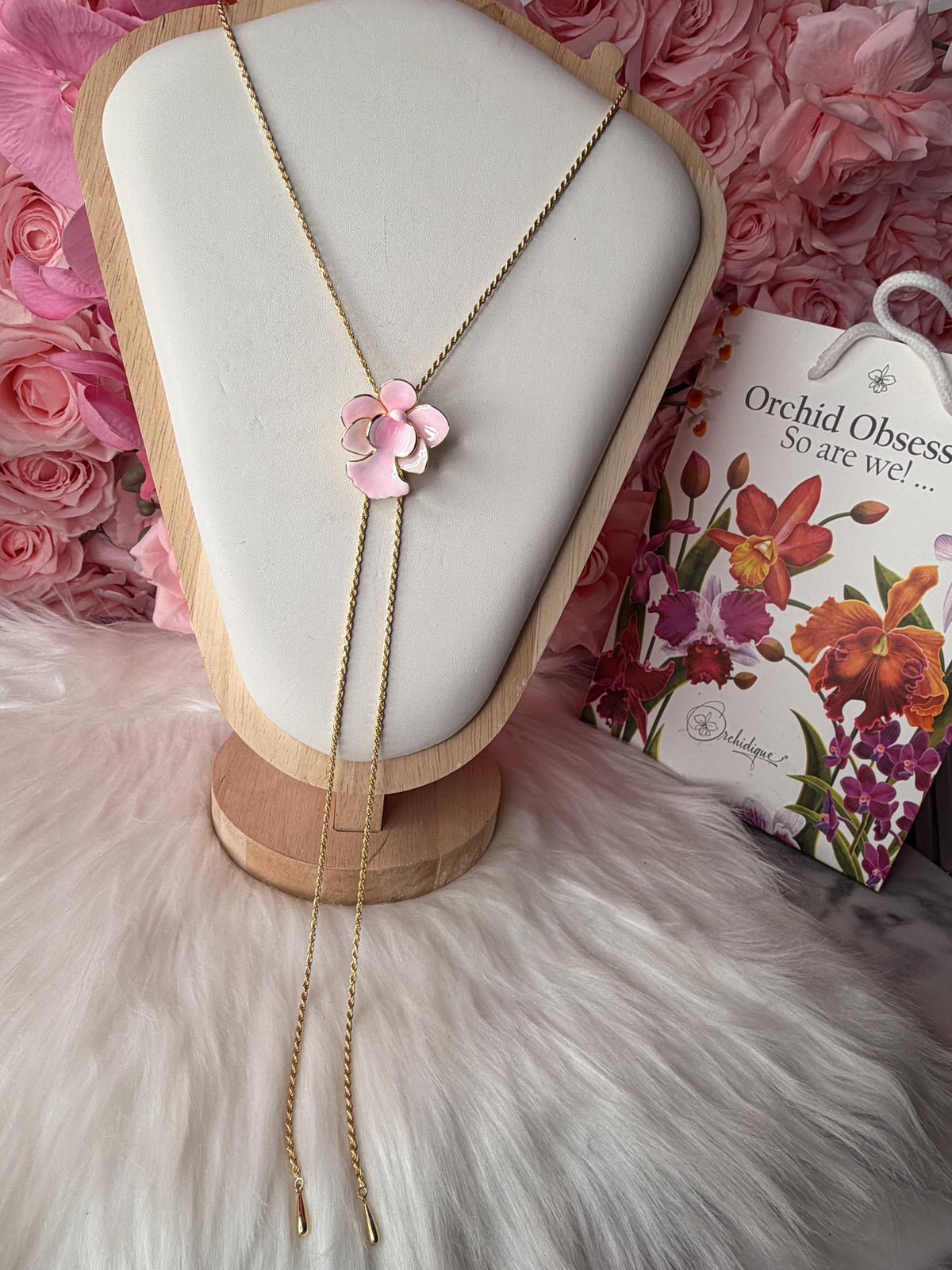 Vanda Miss Joaquim Orchid Lariat Necklace • Pink Enamel • Adjustable Gold Rope Chain