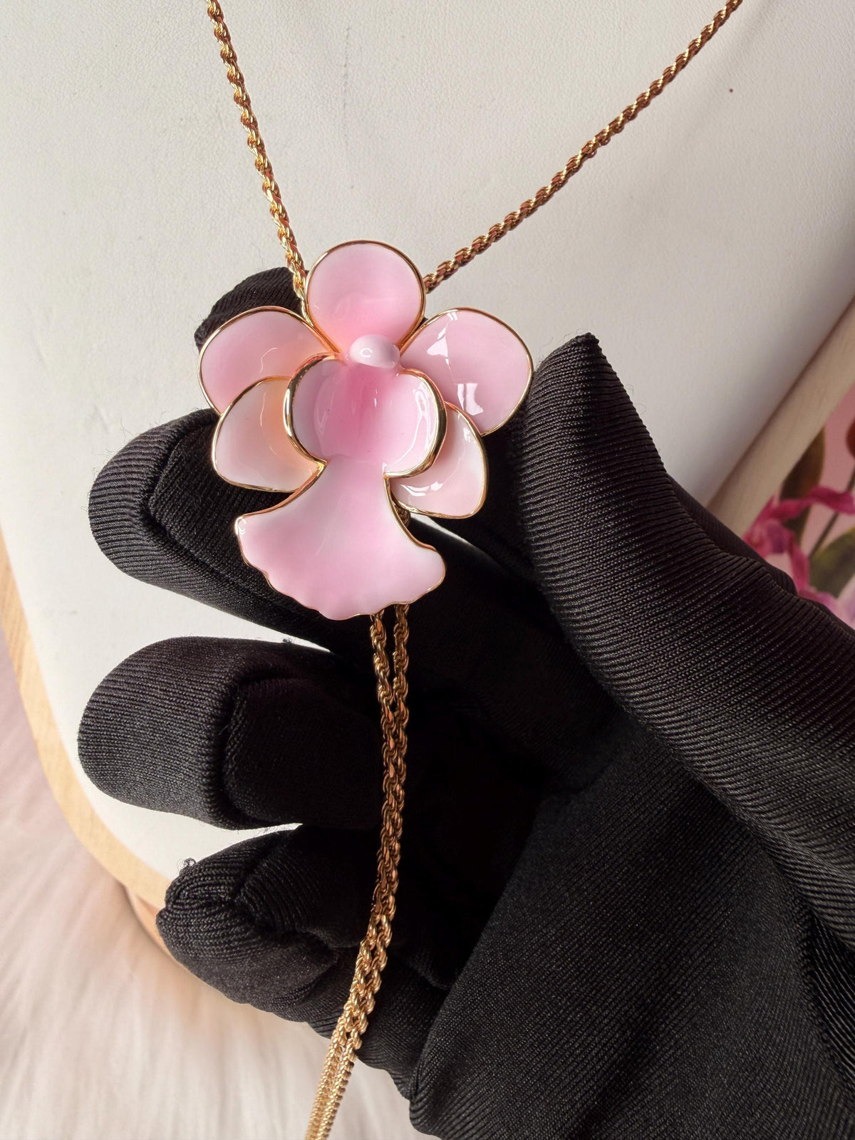 Vanda Miss Joaquim Orchid Lariat Necklace • Pink Enamel • Adjustable Gold Rope Chain