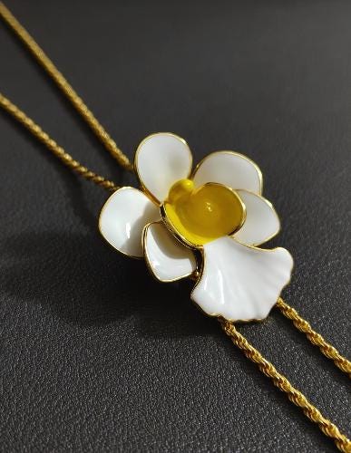 vanda orchid necklace, white and yellow enamel, 14K gold plated sterling silver, eighth view – Orchidique