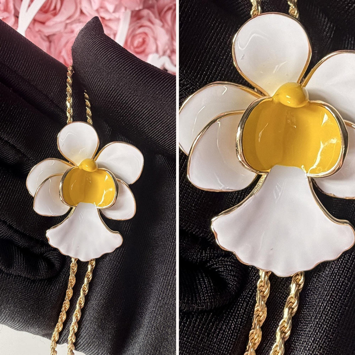 vanda orchid necklace, white and yellow enamel, 14K gold plated sterling silver, fifteenth view – Orchidique