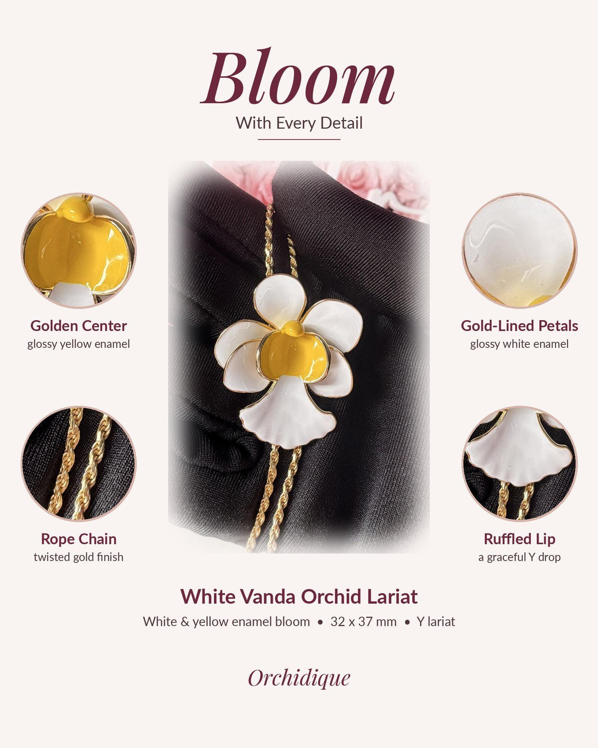 vanda orchid necklace, white and yellow enamel, 14K gold plated sterling silver, detail view – Orchidique